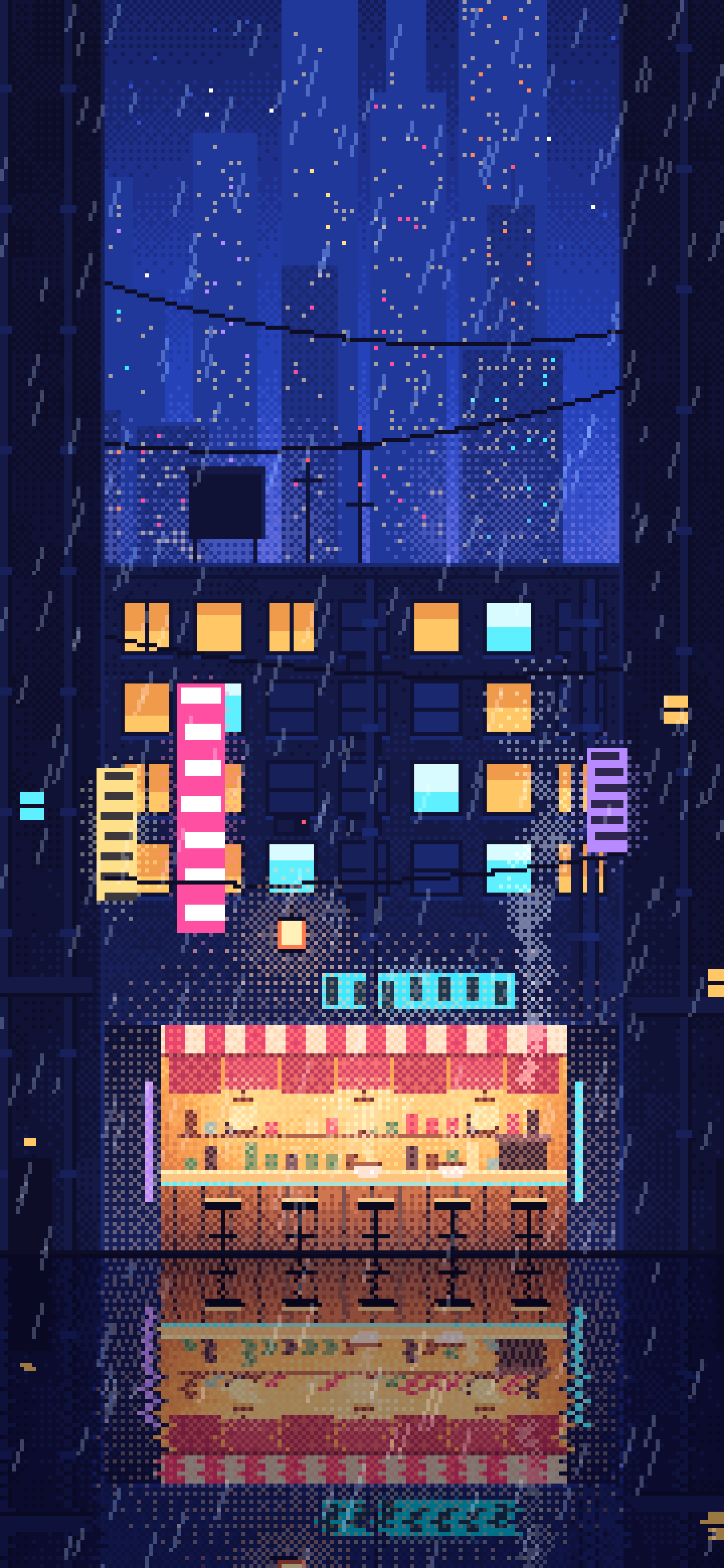 Royal Blue Pixel Art Cyberpunk Alley in the Rain wallpaper for iPhone and Android