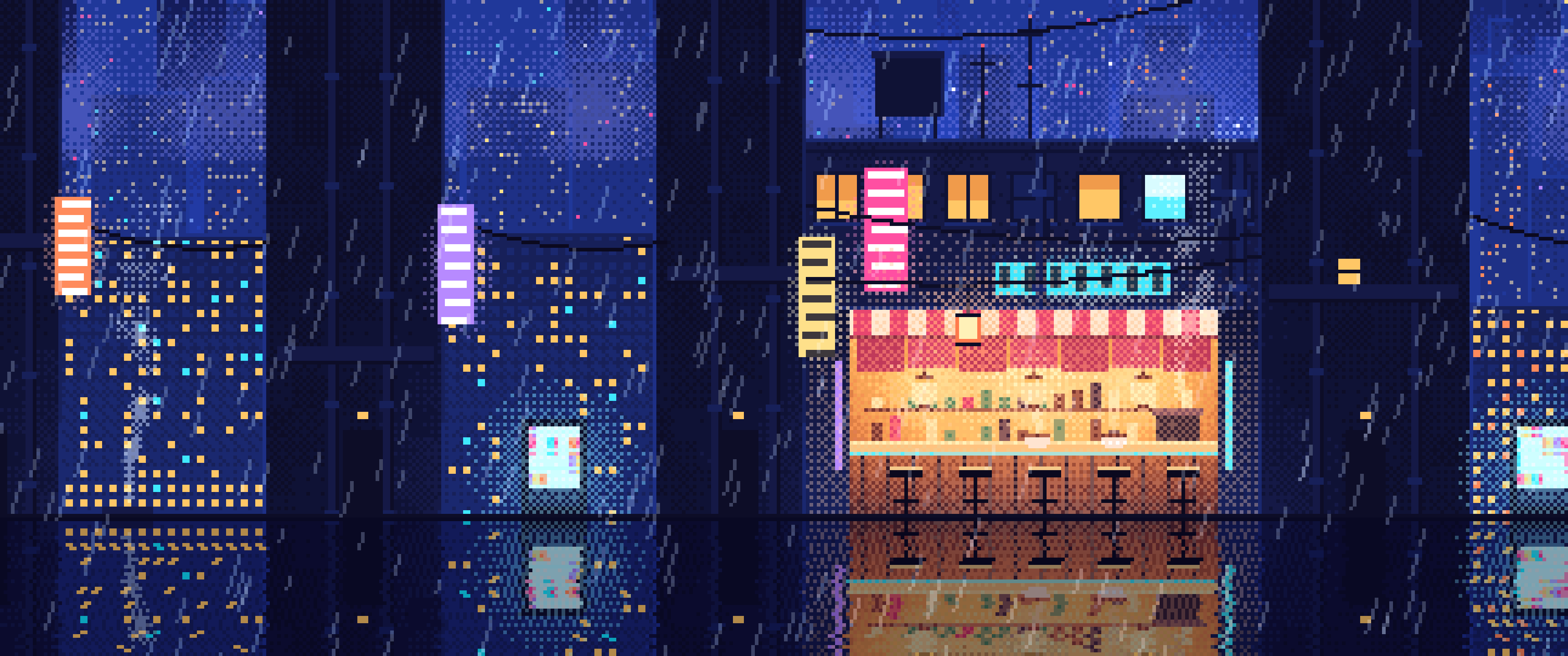 Royal Blue Pixel Art Cyberpunk Alley in the Rain ultrawide wallpaper, 3440 × 1440