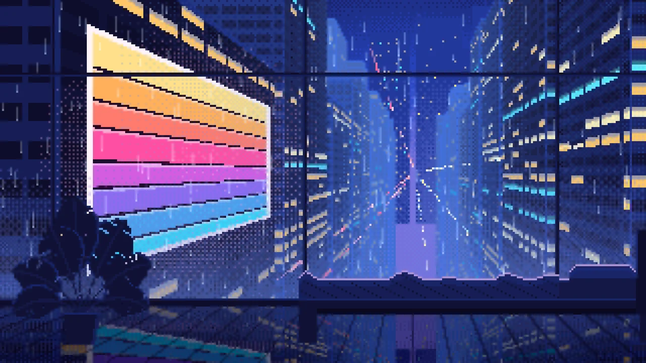 Royal Blue Pixel Art Cyberpunk Apartment Window at Night desktop wallpaper in 4K