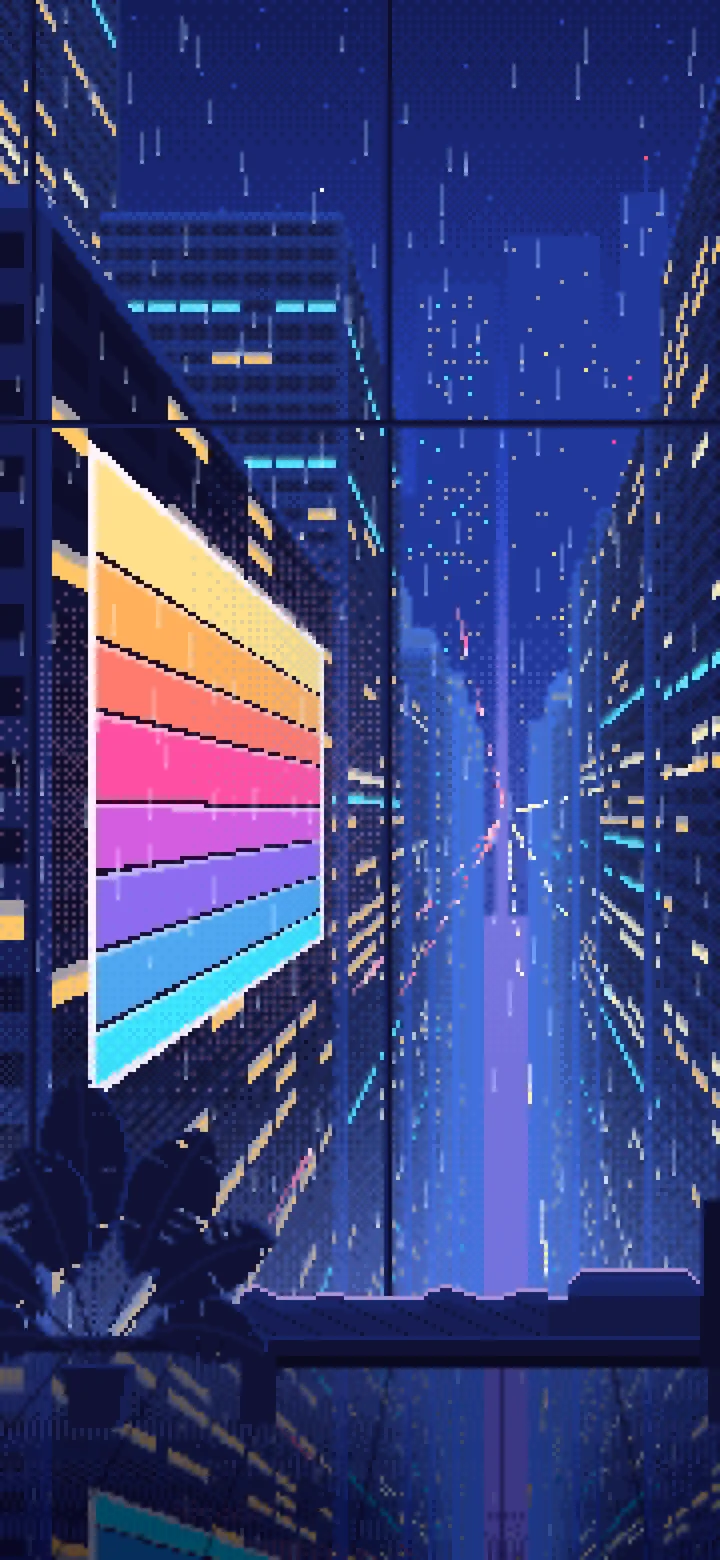 Royal Blue Pixel Art Cyberpunk Apartment Window at Night wallpaper for iPhone and Android