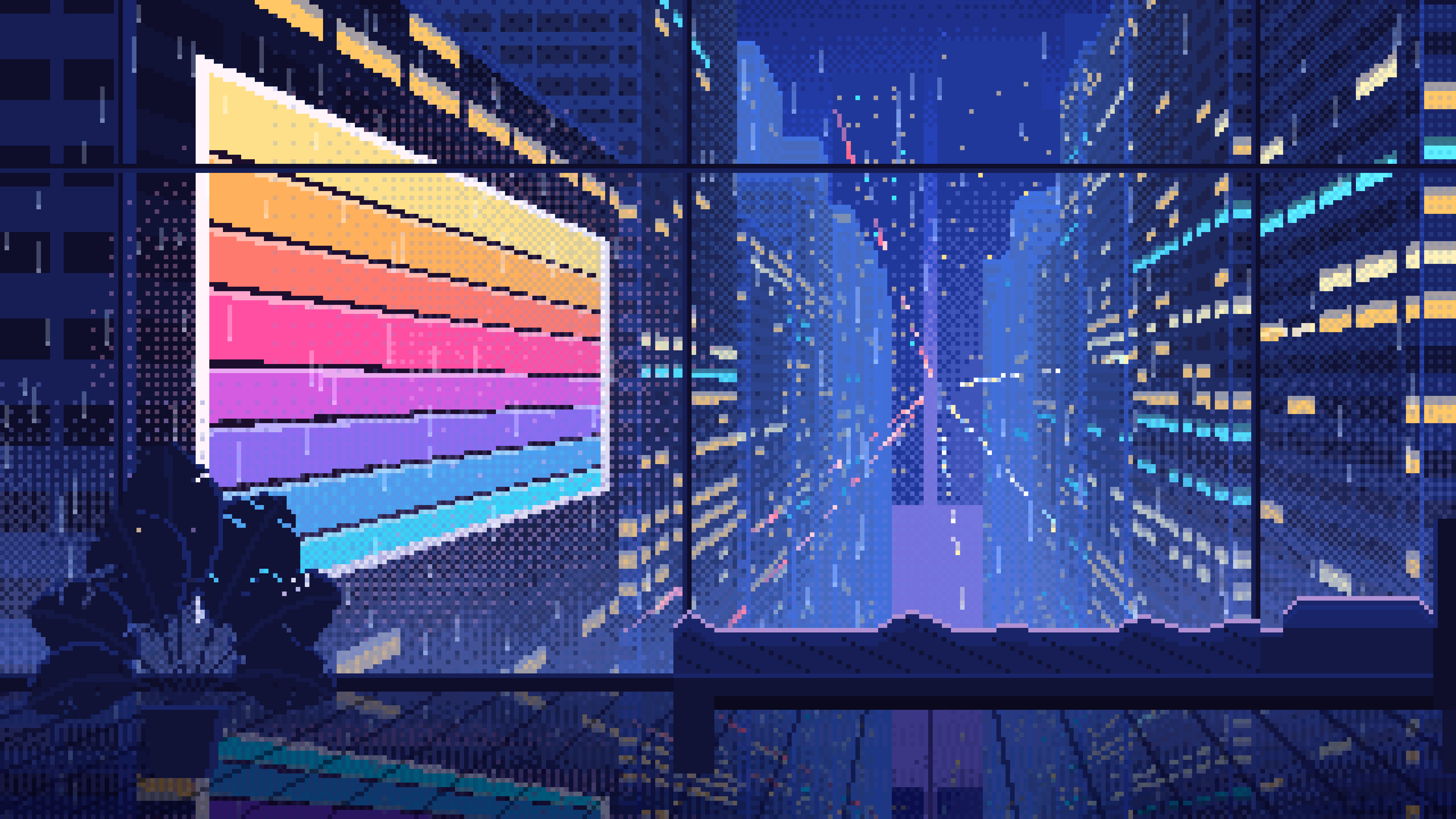Royal Blue Pixel Art Cyberpunk Apartment Window at Night desktop wallpaper in 4K