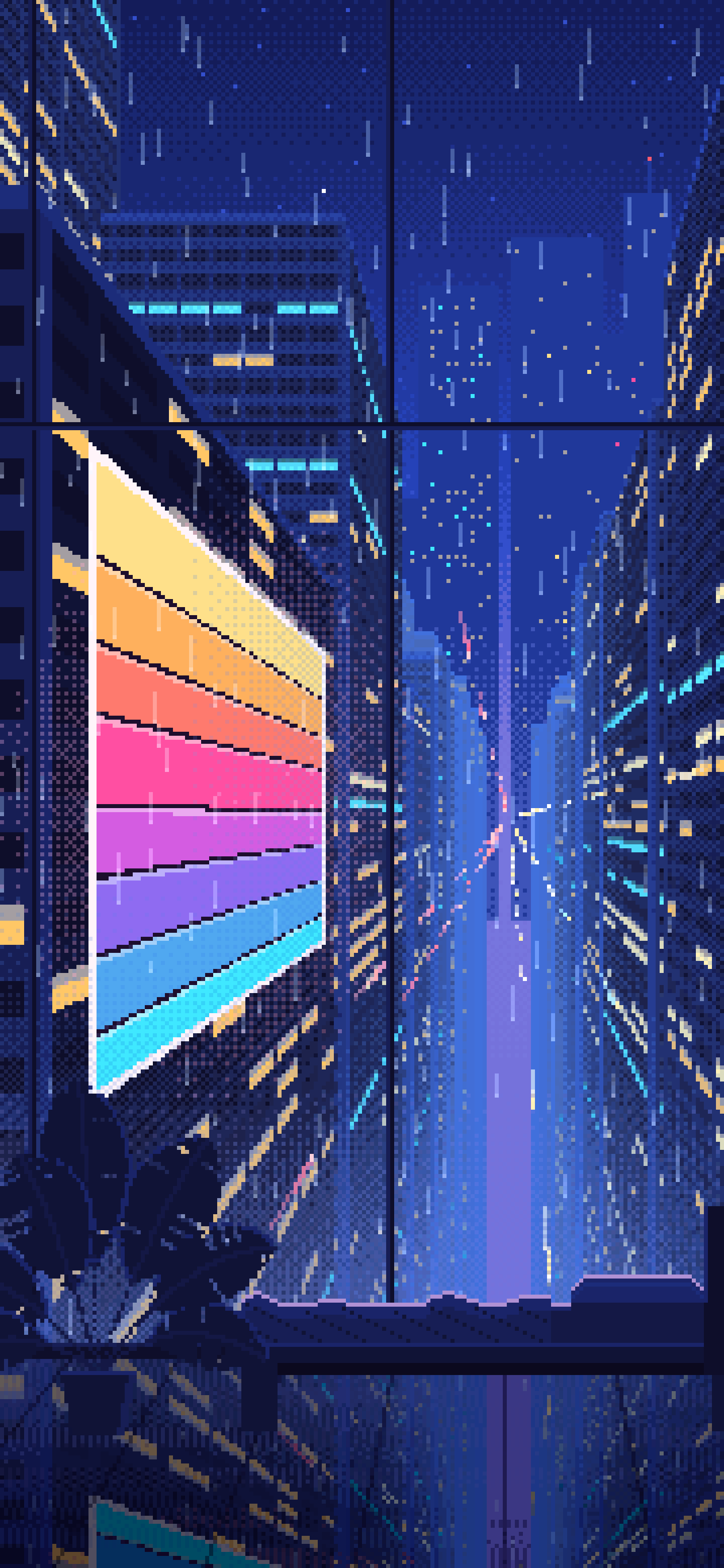 Royal Blue Pixel Art Cyberpunk Apartment Window at Night wallpaper for iPhone and Android
