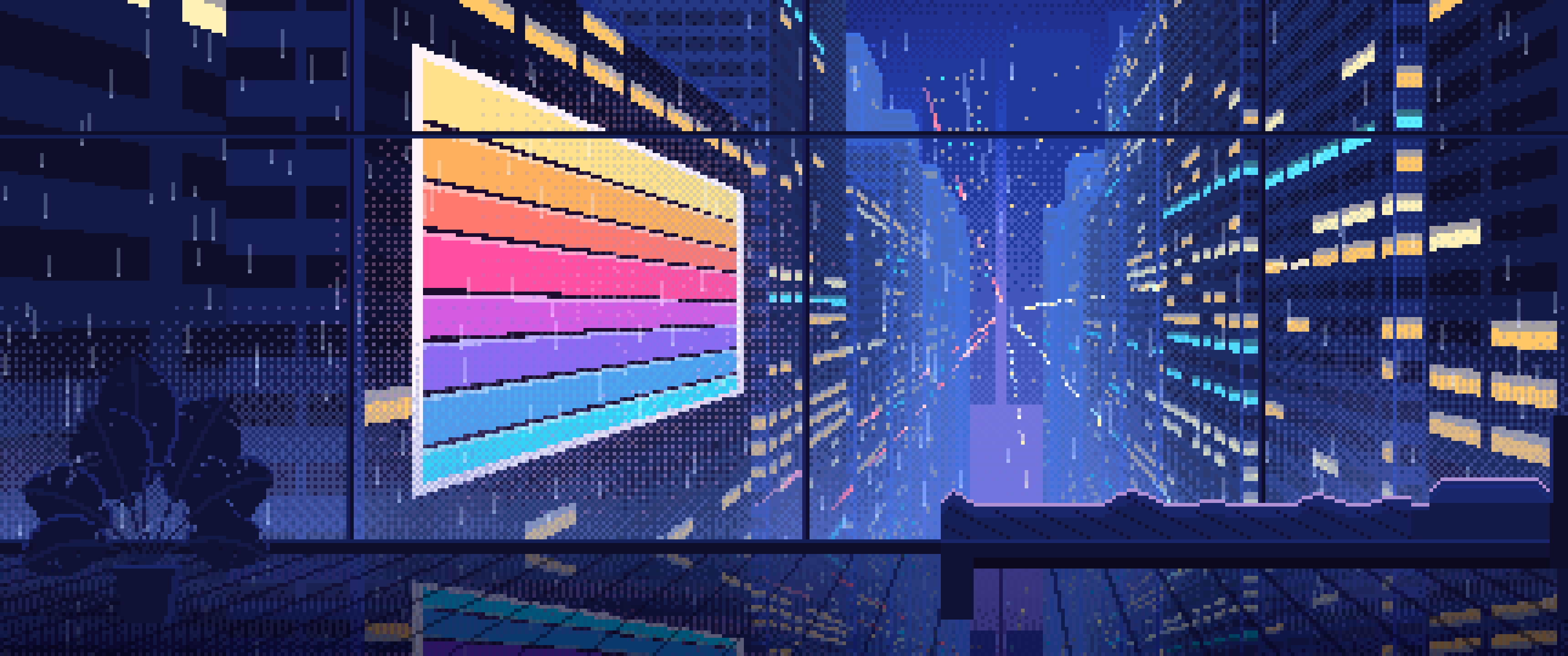 Royal Blue Pixel Art Cyberpunk Apartment Window at Night ultrawide wallpaper, 3440 × 1440