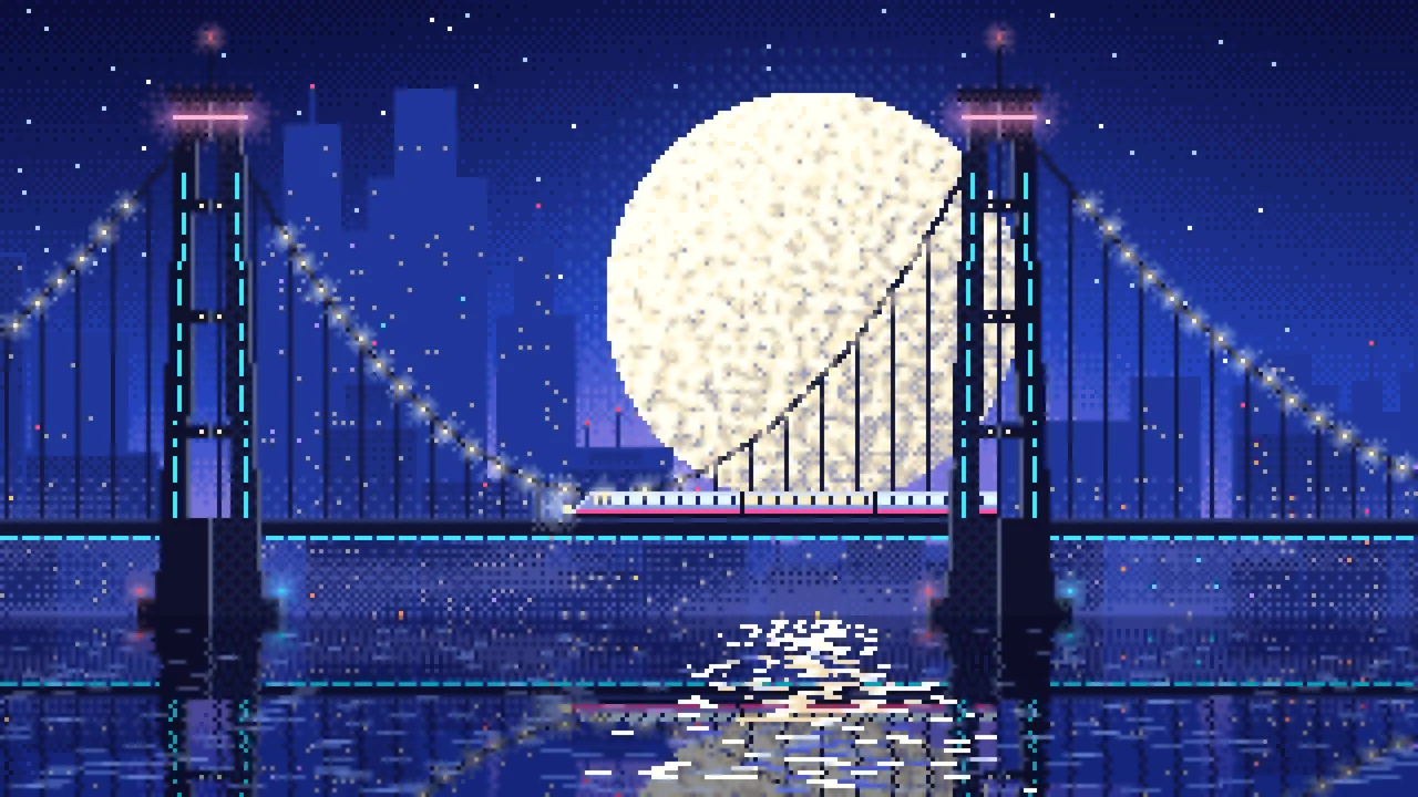 Royal Blue Pixel Art Cyberpunk Bridge at Night desktop wallpaper in 4K