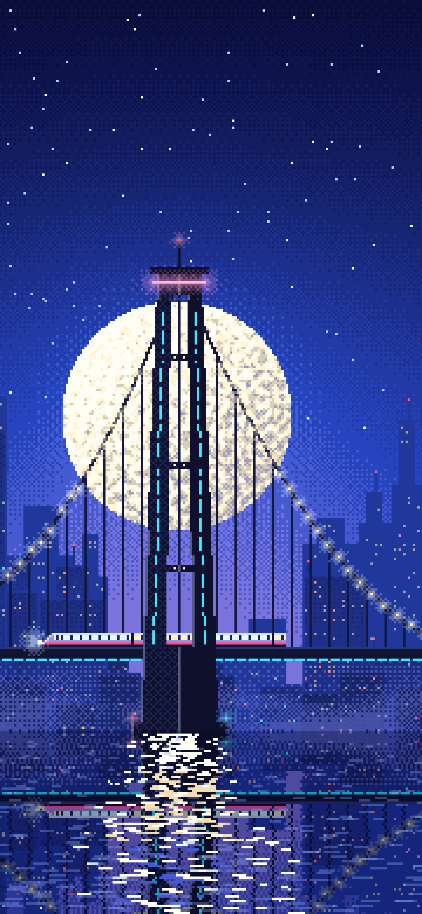 Royal Blue Pixel Art Cyberpunk Bridge at Night wallpaper for iPhone and Android