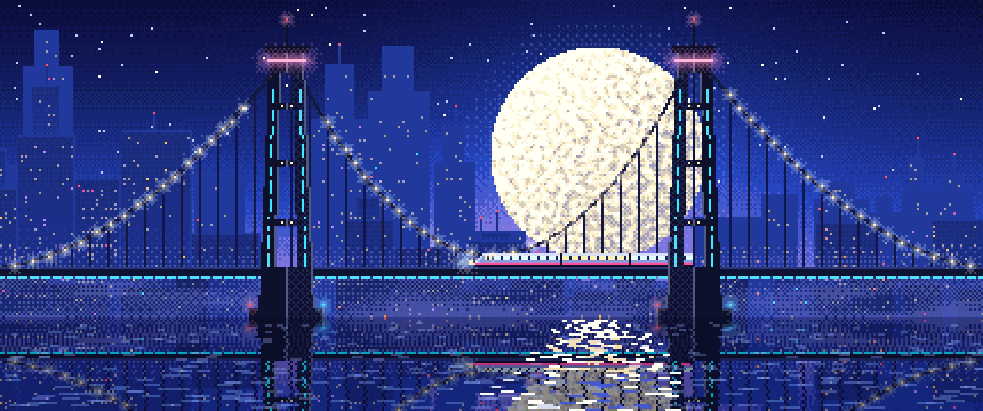 Royal Blue Pixel Art Cyberpunk Bridge at Night ultrawide wallpaper, 3440 × 1440