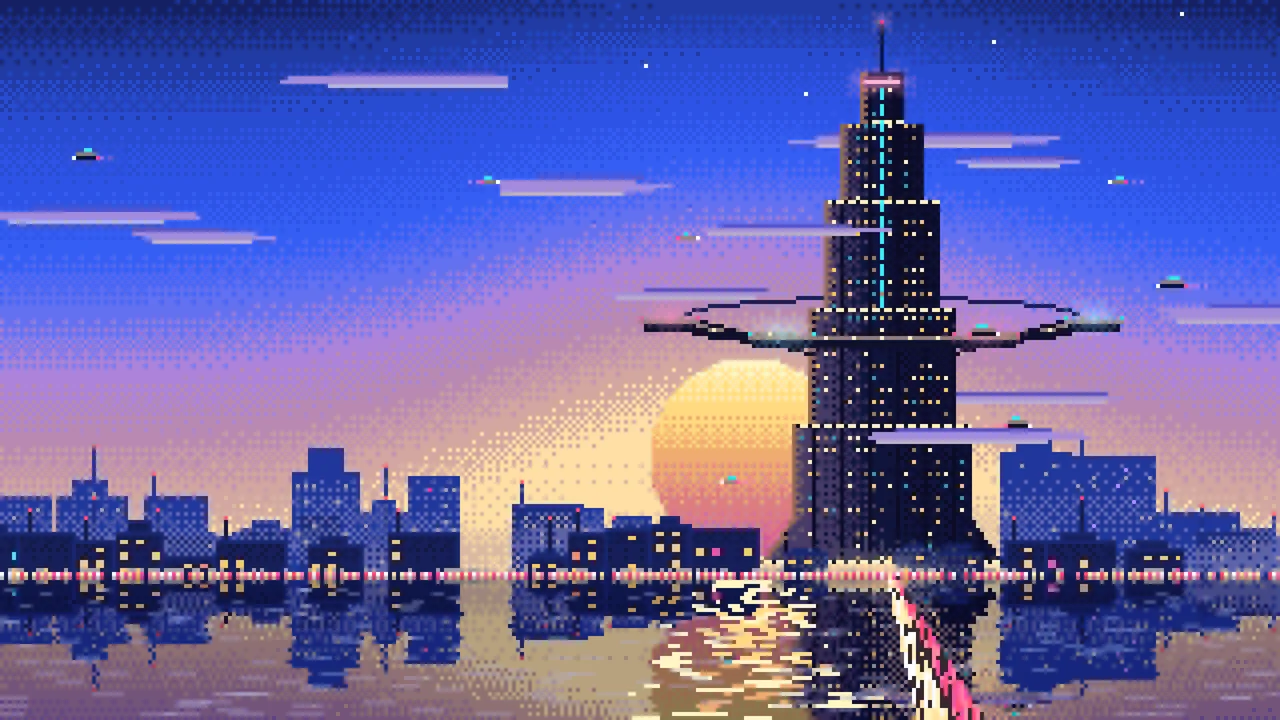 Royal Blue Pixel Art Cyberpunk Megatower at Dusk desktop wallpaper in 4K