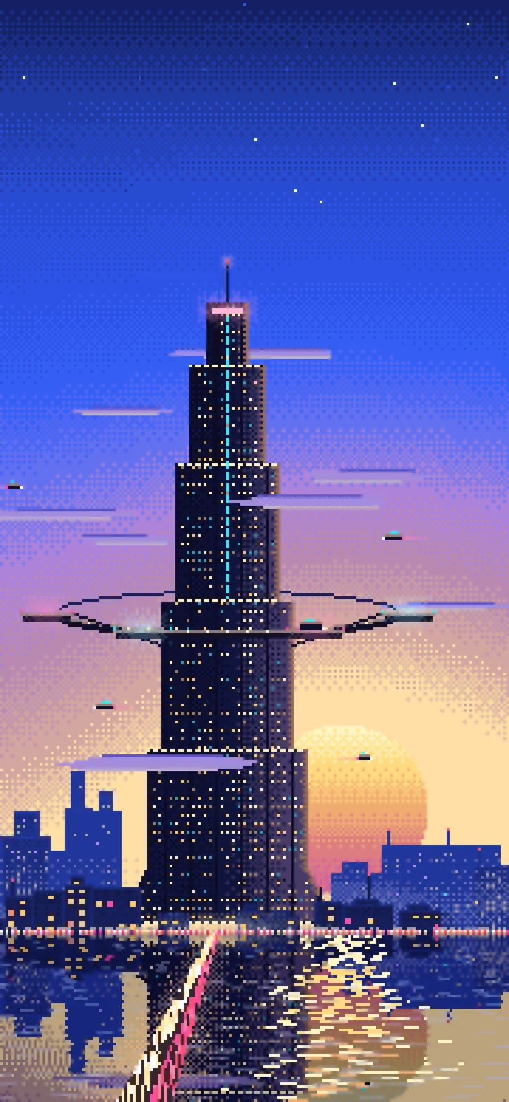 Royal Blue Pixel Art Cyberpunk Megatower at Dusk wallpaper for iPhone and Android