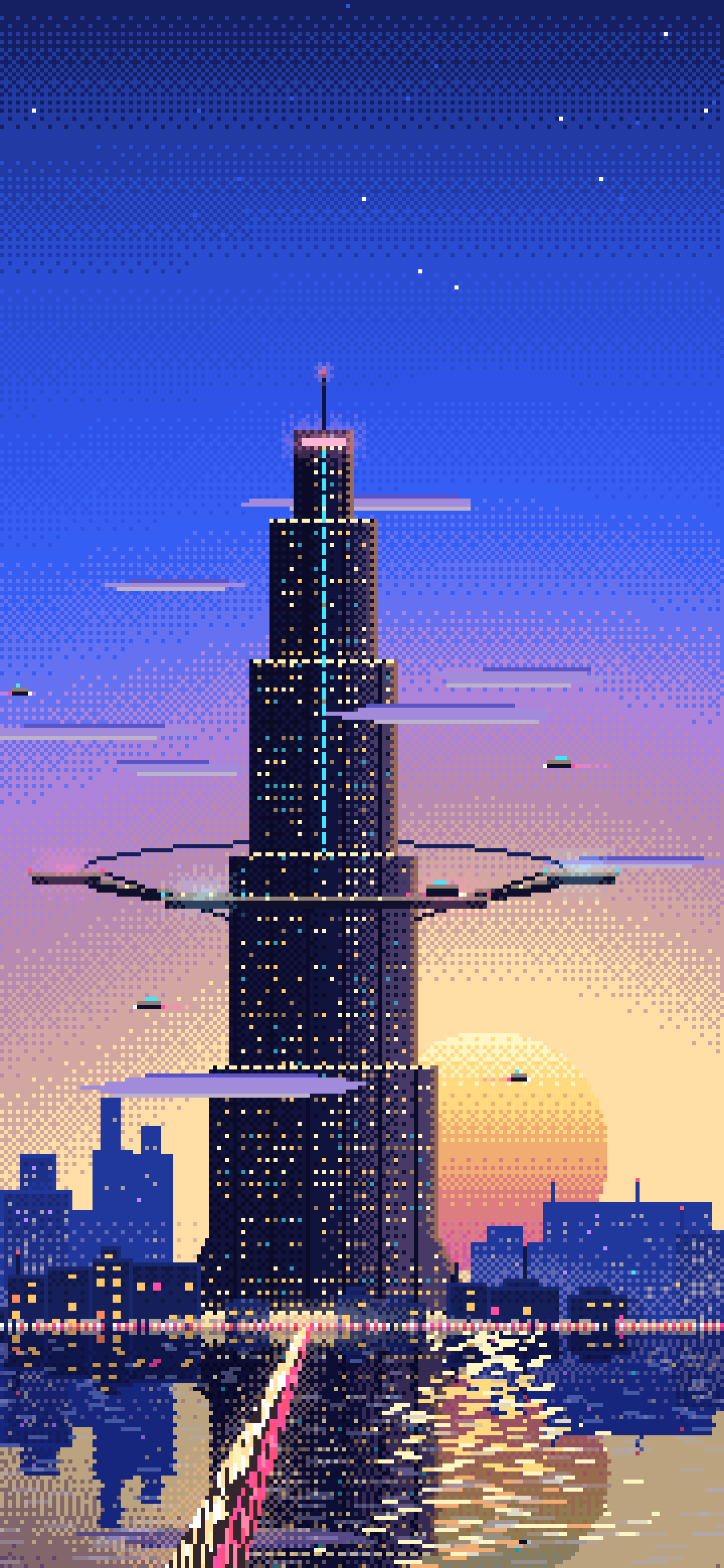 Royal Blue Pixel Art Cyberpunk Megatower at Dusk wallpaper for iPhone and Android