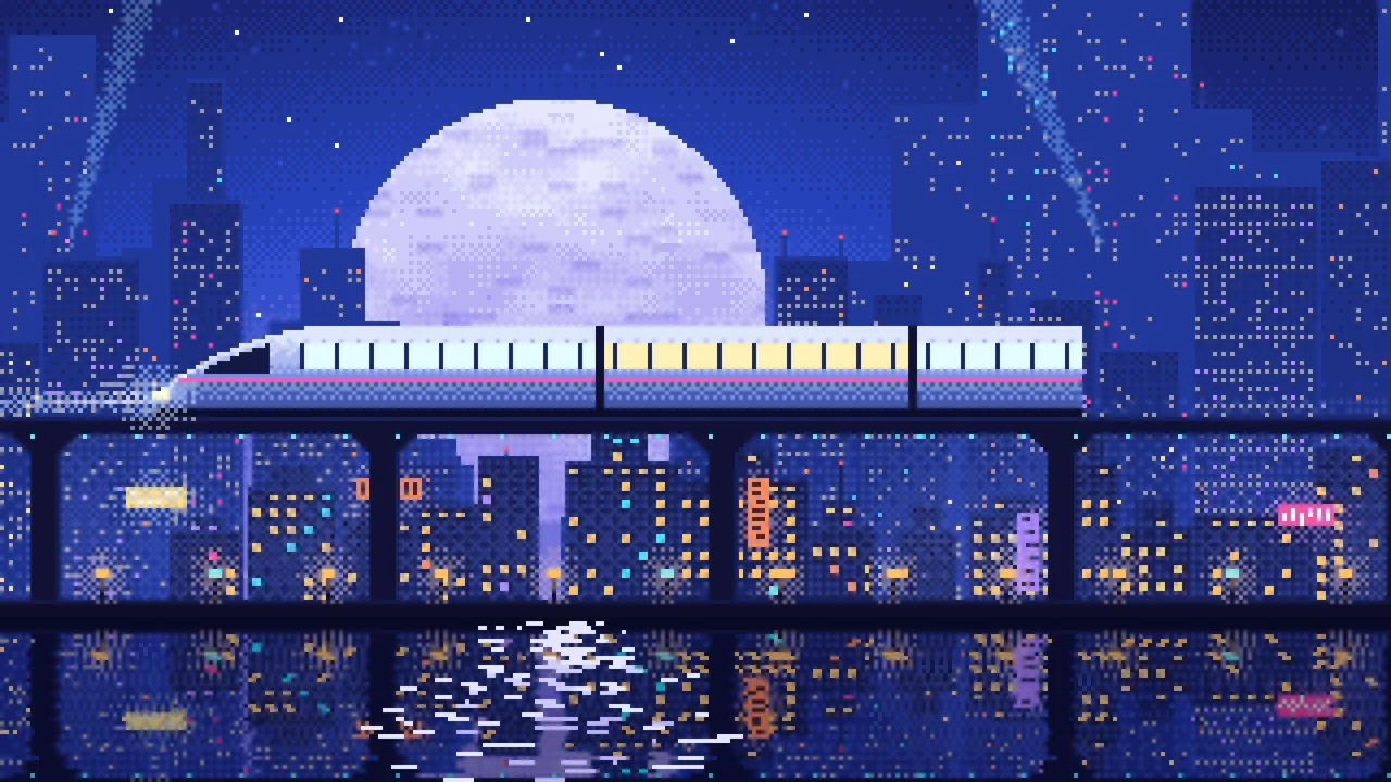 Royal Blue Pixel Art Cyberpunk Monorail and Moon desktop wallpaper in 4K