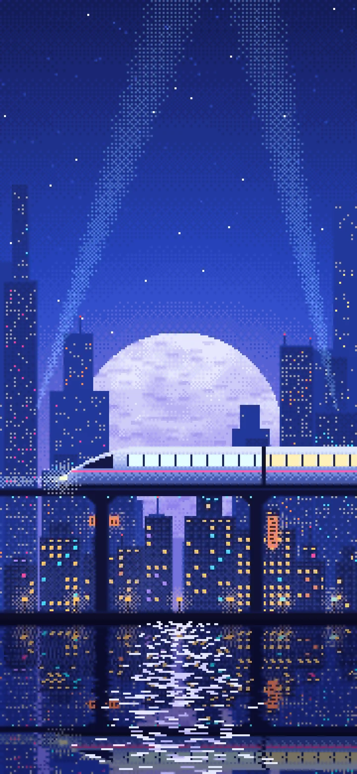 Royal Blue Pixel Art Cyberpunk Monorail and Moon wallpaper for iPhone and Android