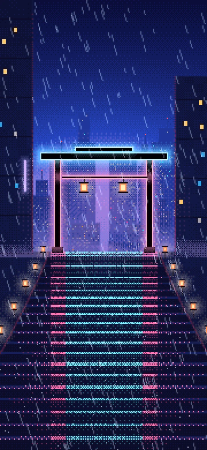 Royal Blue Pixel Art Cyberpunk Neon Gate in the Rain wallpaper for iPhone and Android