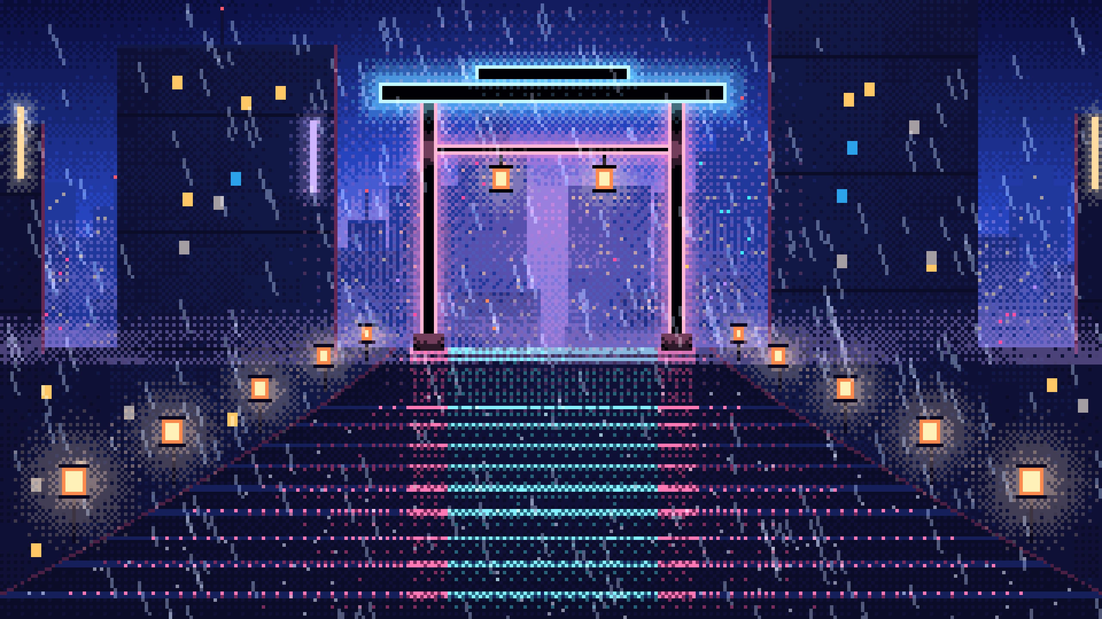 Royal Blue Pixel Art Cyberpunk Neon Gate in the Rain desktop wallpaper in 4K