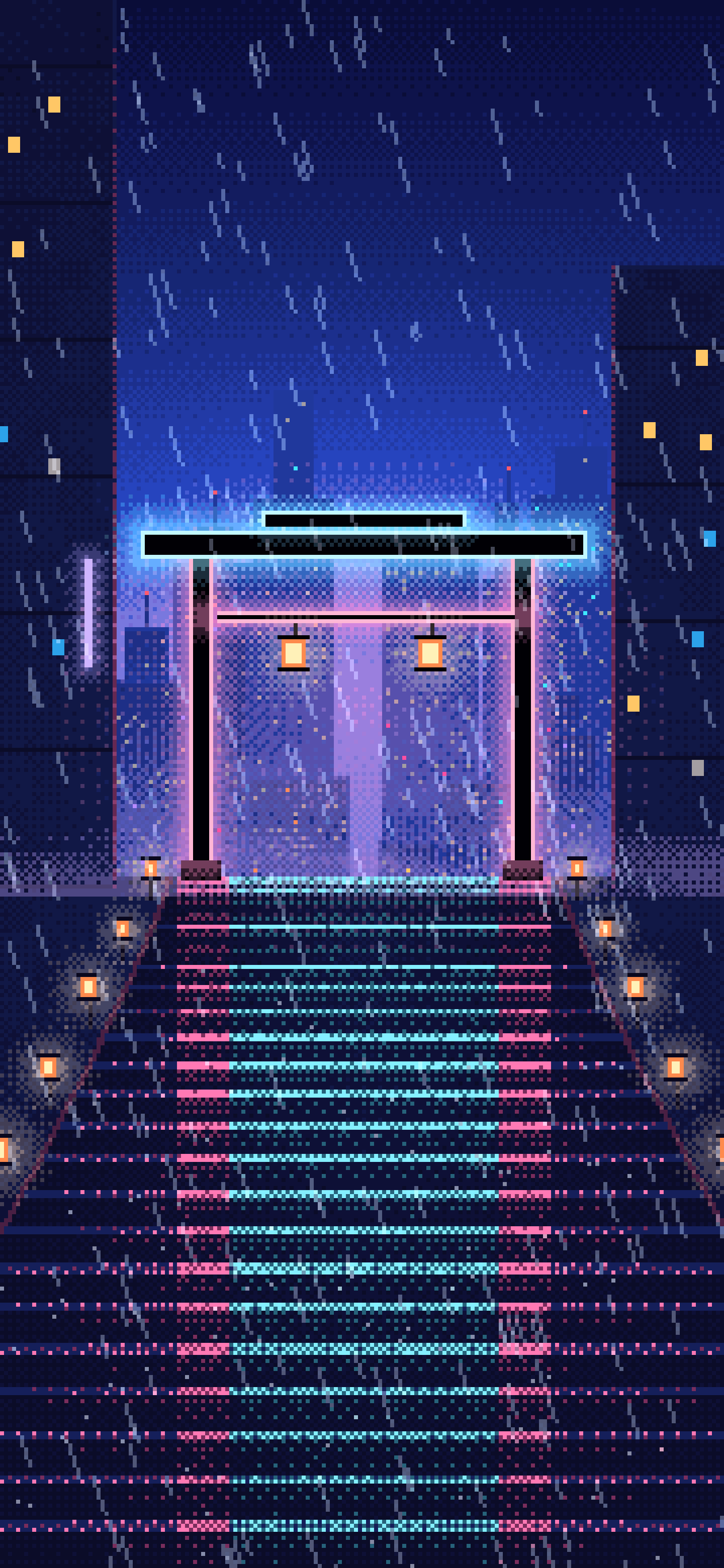 Royal Blue Pixel Art Cyberpunk Neon Gate in the Rain wallpaper for iPhone and Android