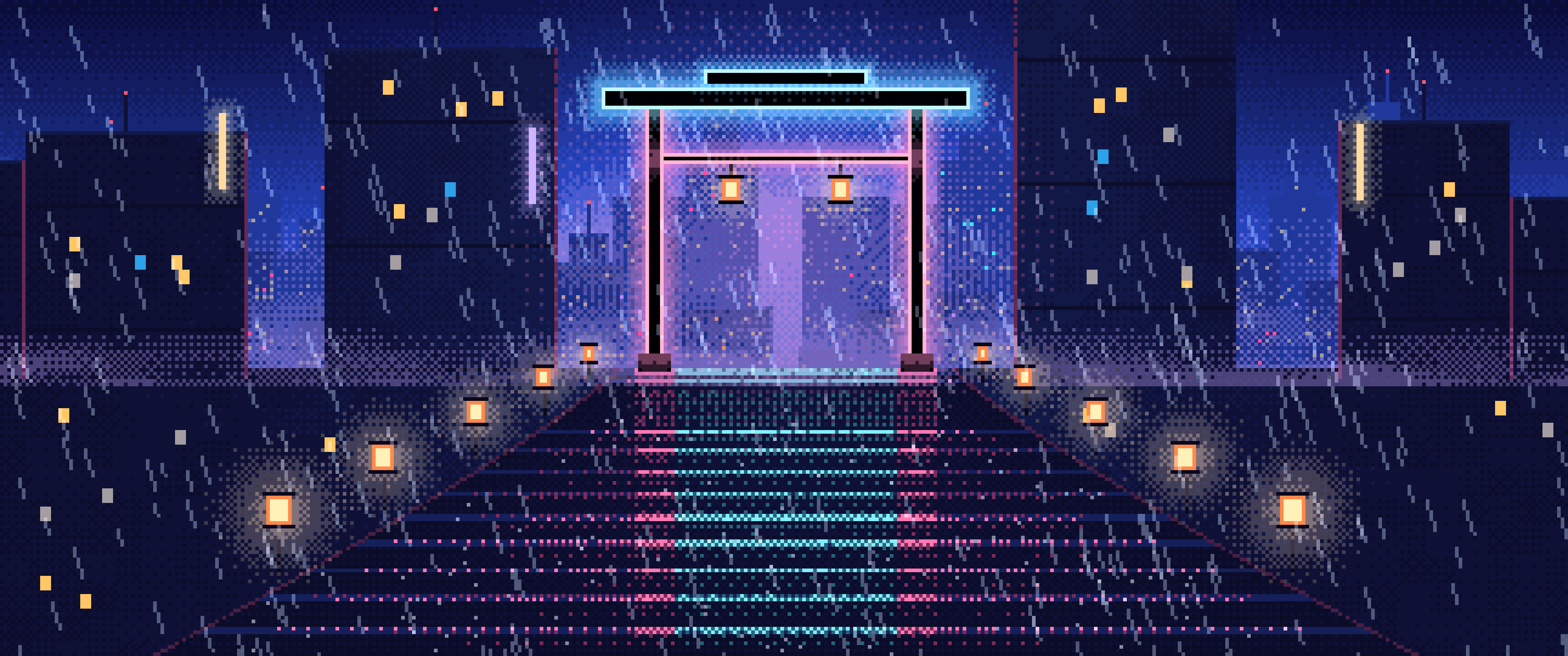 Royal Blue Pixel Art Cyberpunk Neon Gate in the Rain ultrawide wallpaper, 3440 × 1440