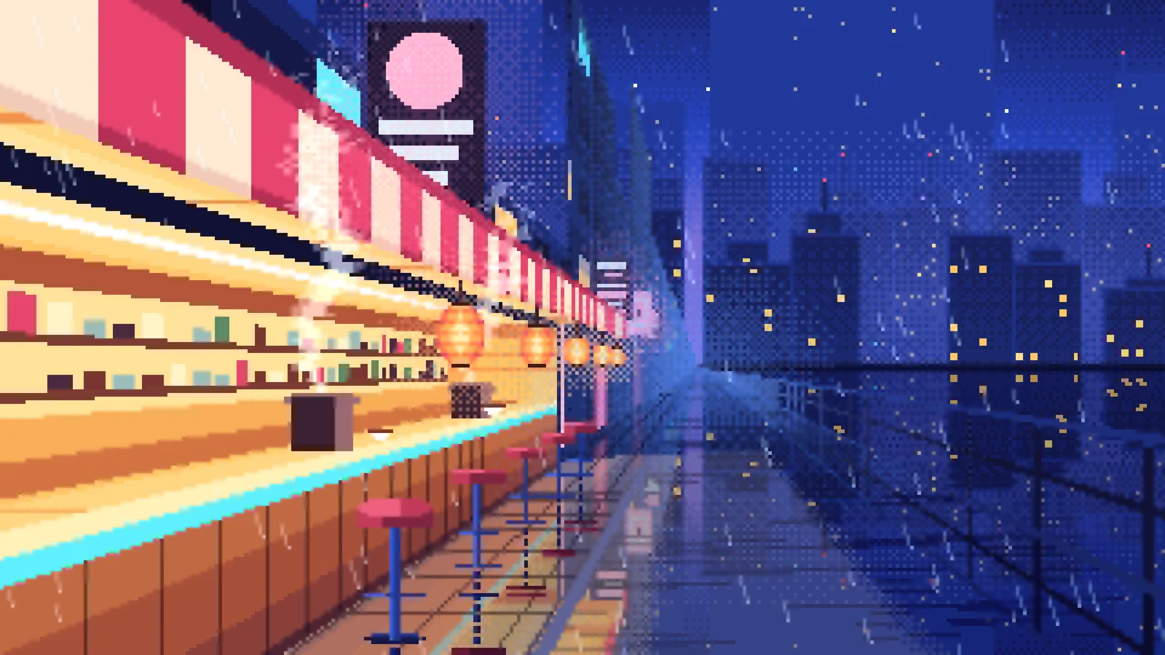 Royal Blue Pixel Art Cyberpunk Noodle Bar in the Rain desktop wallpaper in 4K
