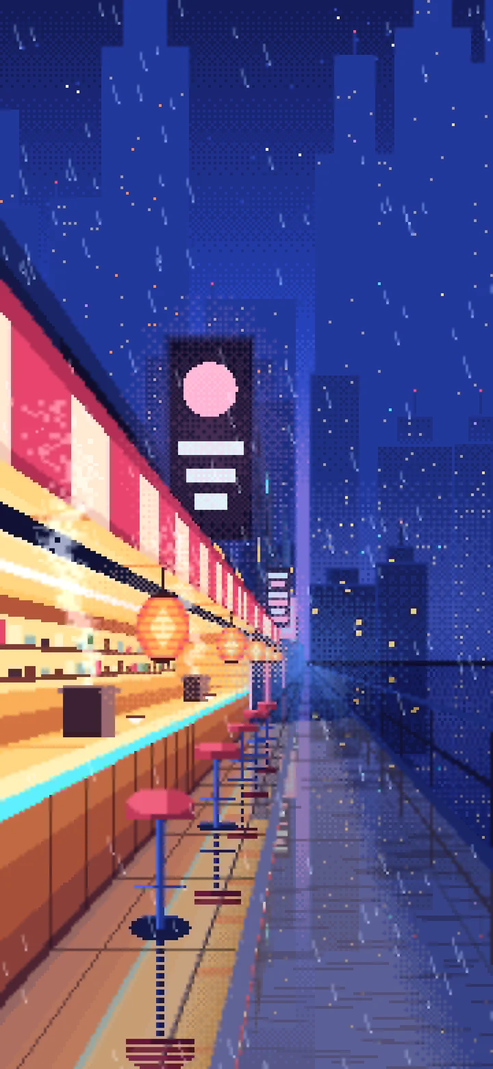 Royal Blue Pixel Art Cyberpunk Noodle Bar in the Rain wallpaper for iPhone and Android