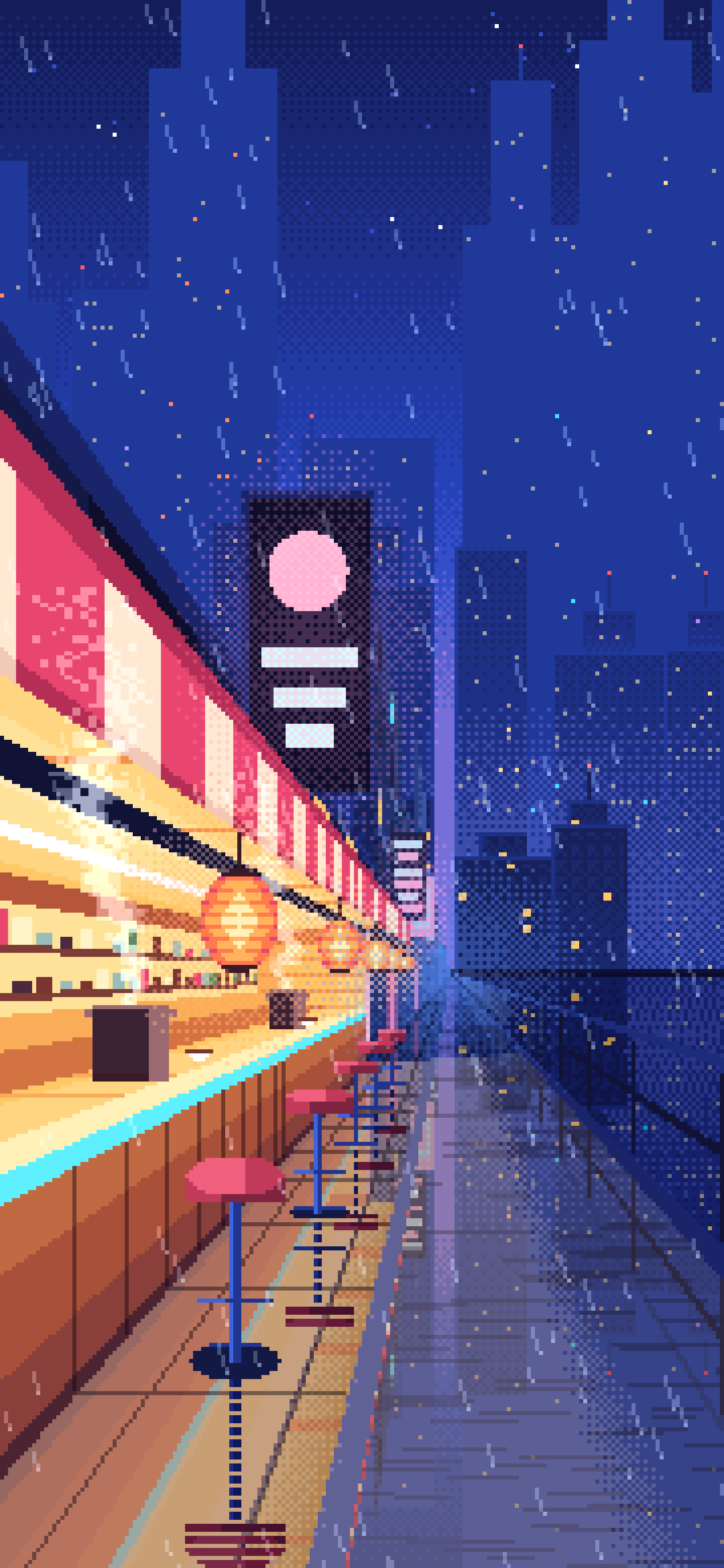 Royal Blue Pixel Art Cyberpunk Noodle Bar in the Rain wallpaper for iPhone and Android