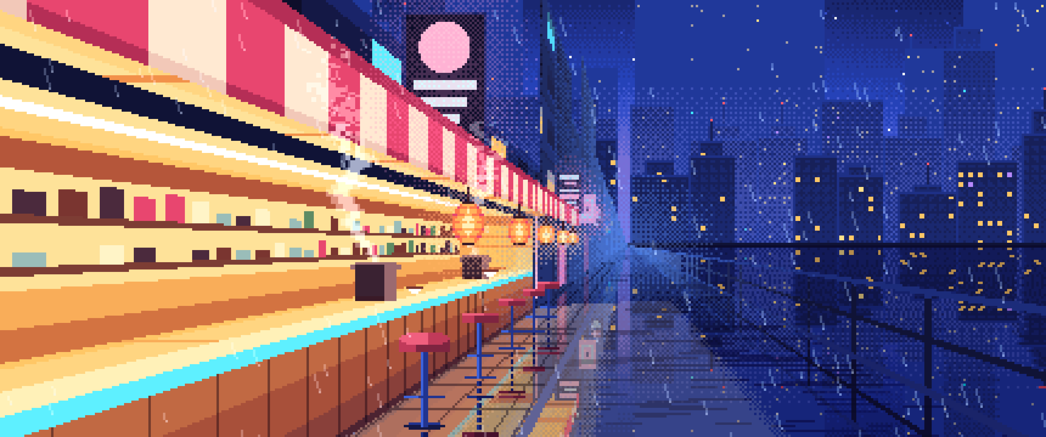 Royal Blue Pixel Art Cyberpunk Noodle Bar in the Rain ultrawide wallpaper, 3440 × 1440