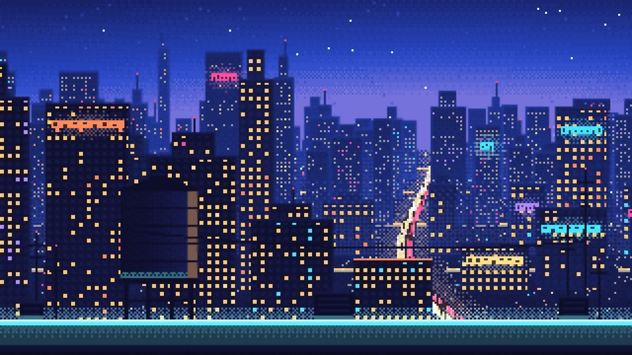 Royal Blue Pixel Art Cyberpunk Rooftop City View desktop wallpaper in 4K