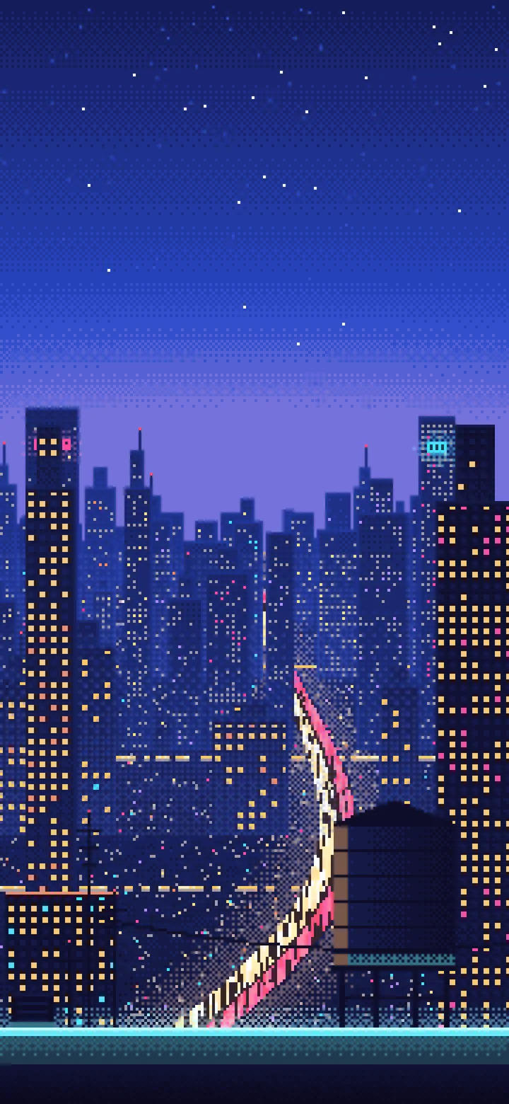 Royal Blue Pixel Art Cyberpunk Rooftop City View wallpaper for iPhone and Android
