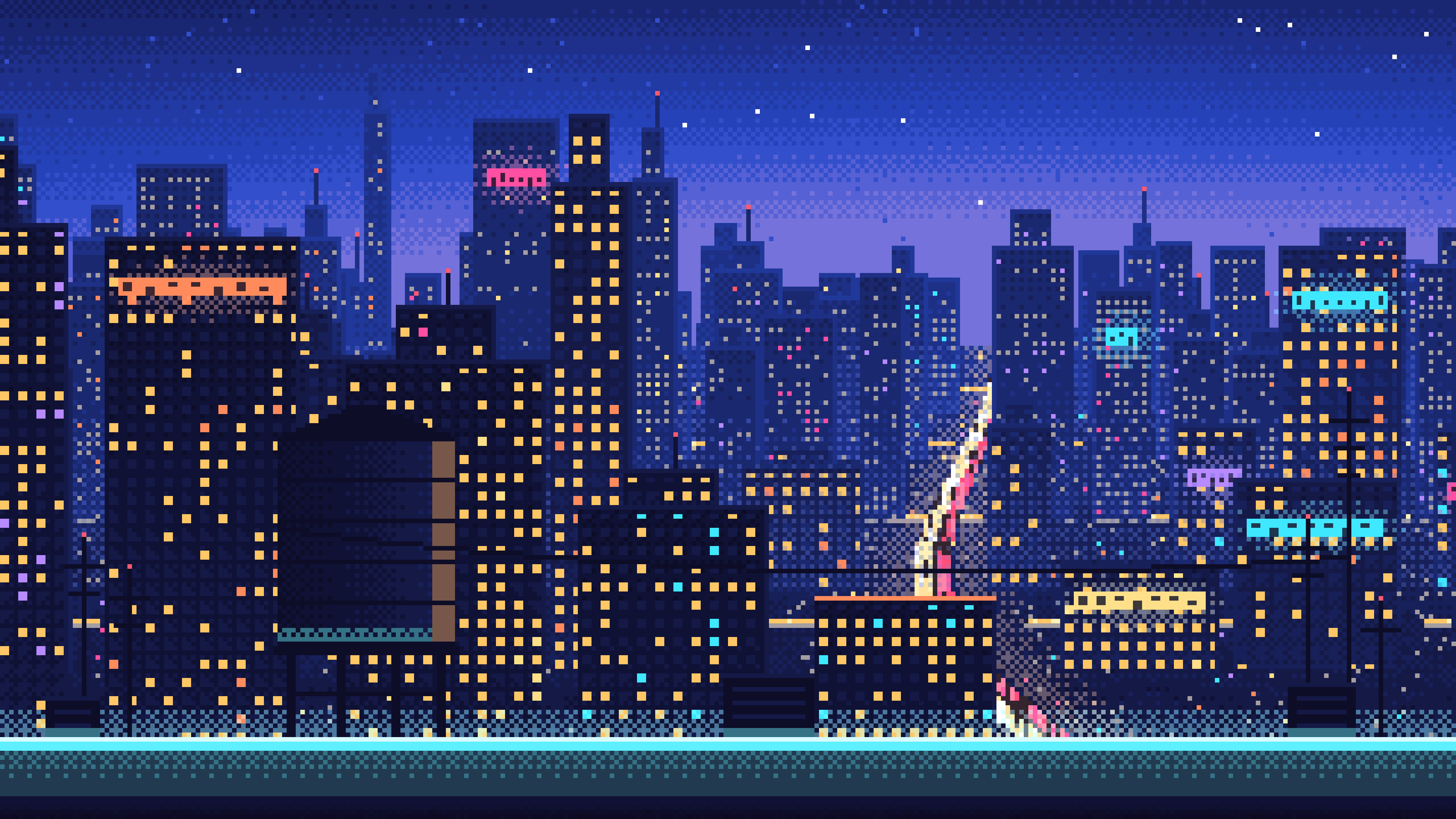 Royal Blue Pixel Art Cyberpunk Rooftop City View desktop wallpaper in 4K