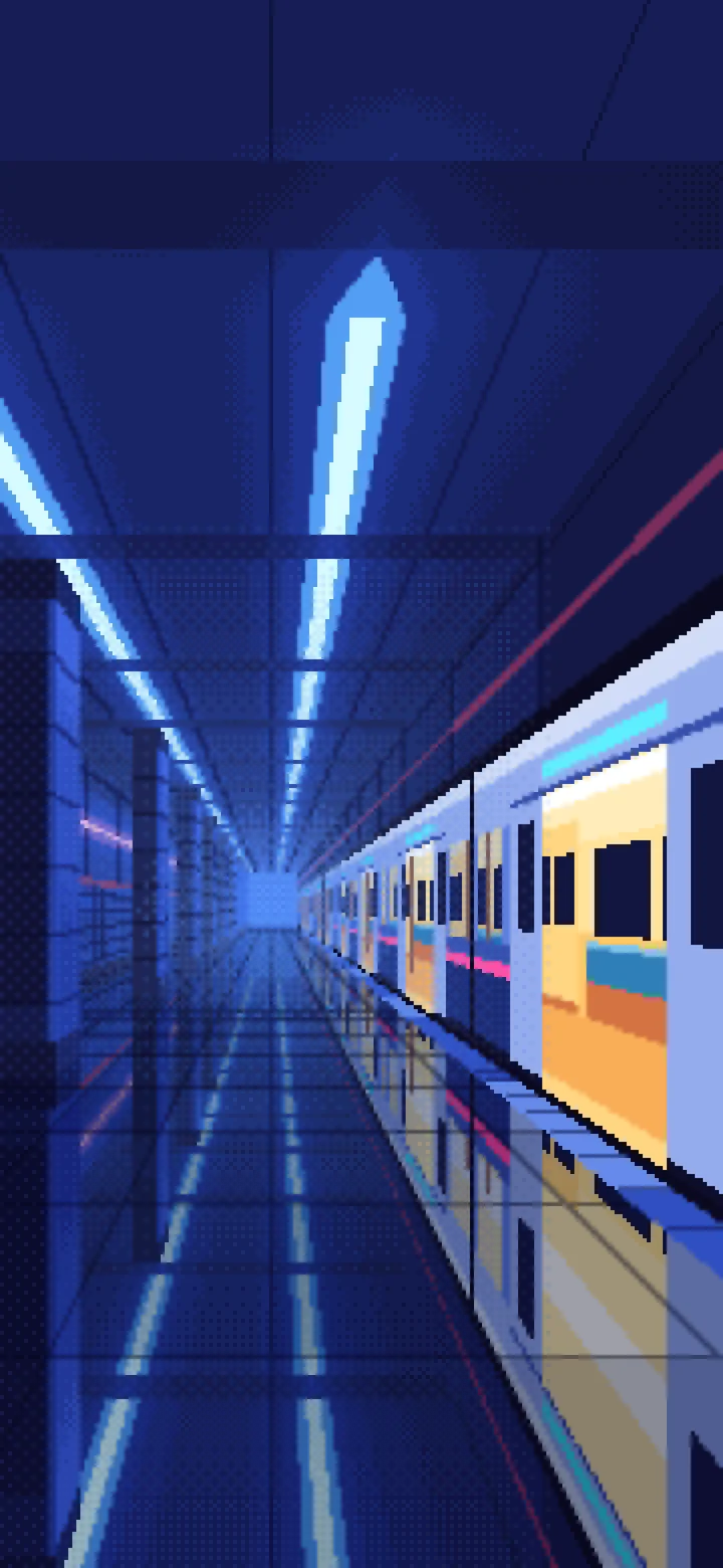 Royal Blue Pixel Art Cyberpunk Subway Station at Night wallpaper for iPhone and Android