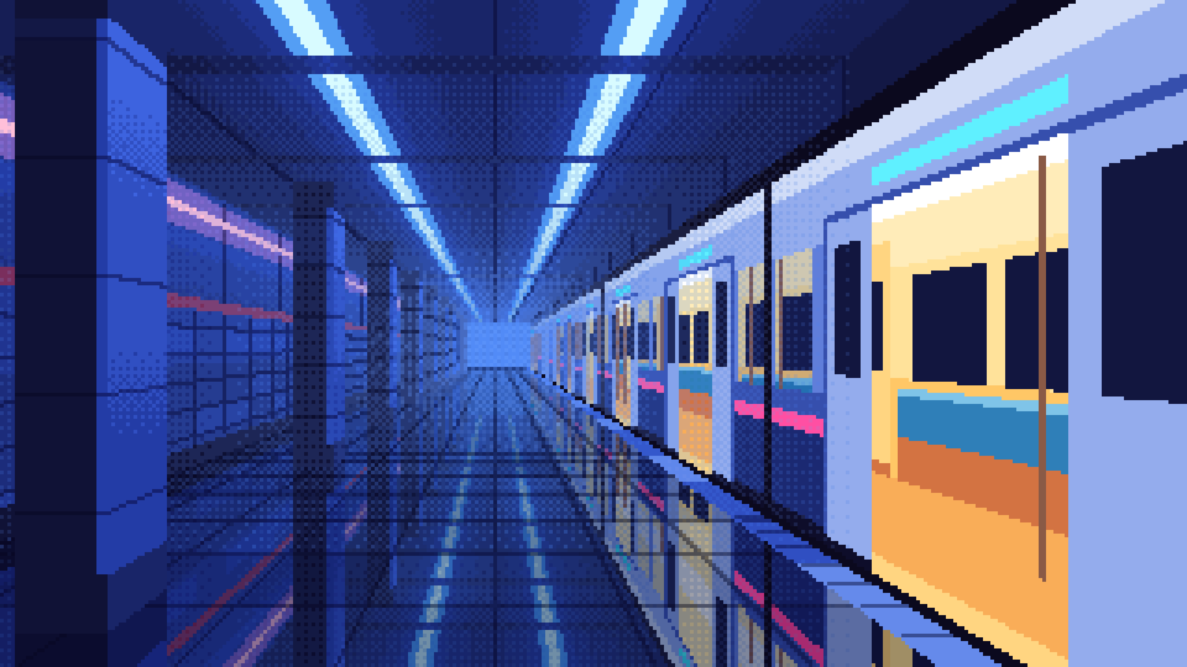Royal Blue Pixel Art Cyberpunk Subway Station at Night desktop wallpaper in 4K