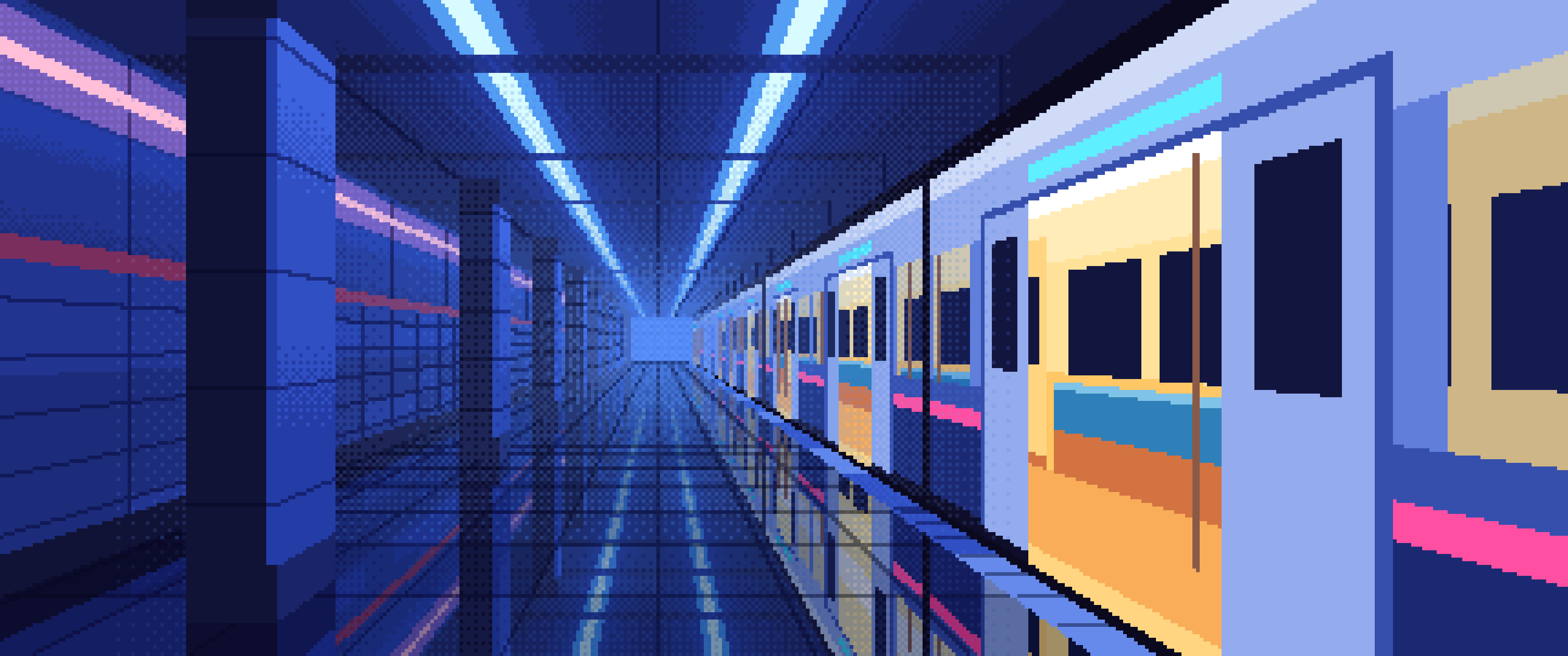 Royal Blue Pixel Art Cyberpunk Subway Station at Night ultrawide wallpaper, 3440 × 1440