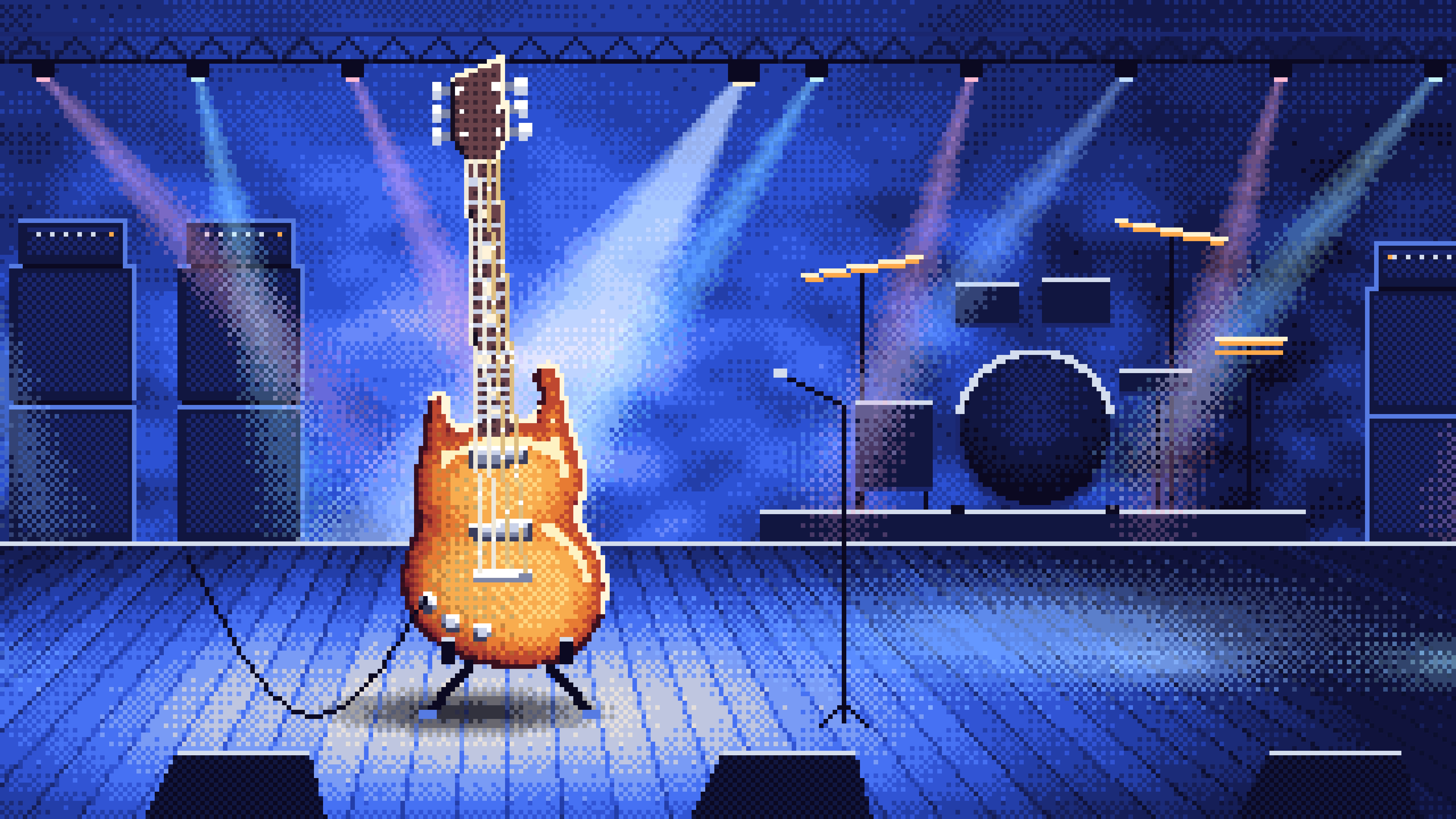 Royal Blue Pixel Art Electric Guitar on Stage desktop wallpaper in 4K