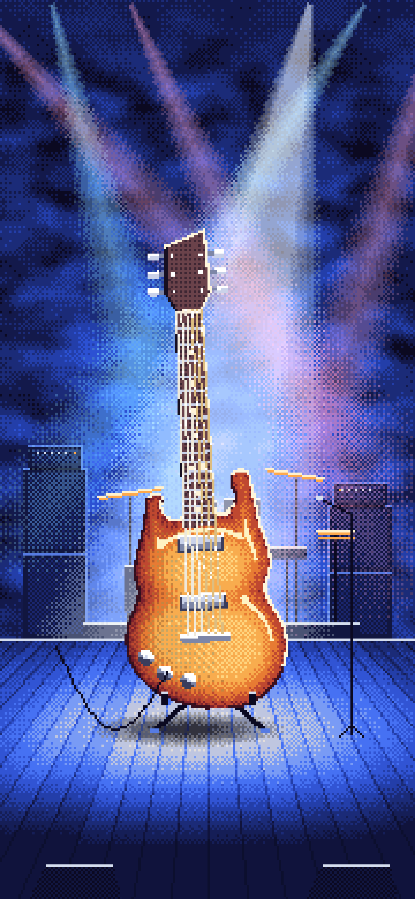 Royal Blue Pixel Art Electric Guitar on Stage wallpaper for iPhone and Android