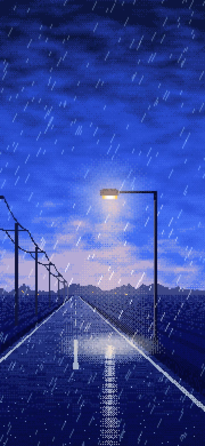 Royal Blue Pixel Art Empty Road in the Rain at Night wallpaper for iPhone and Android