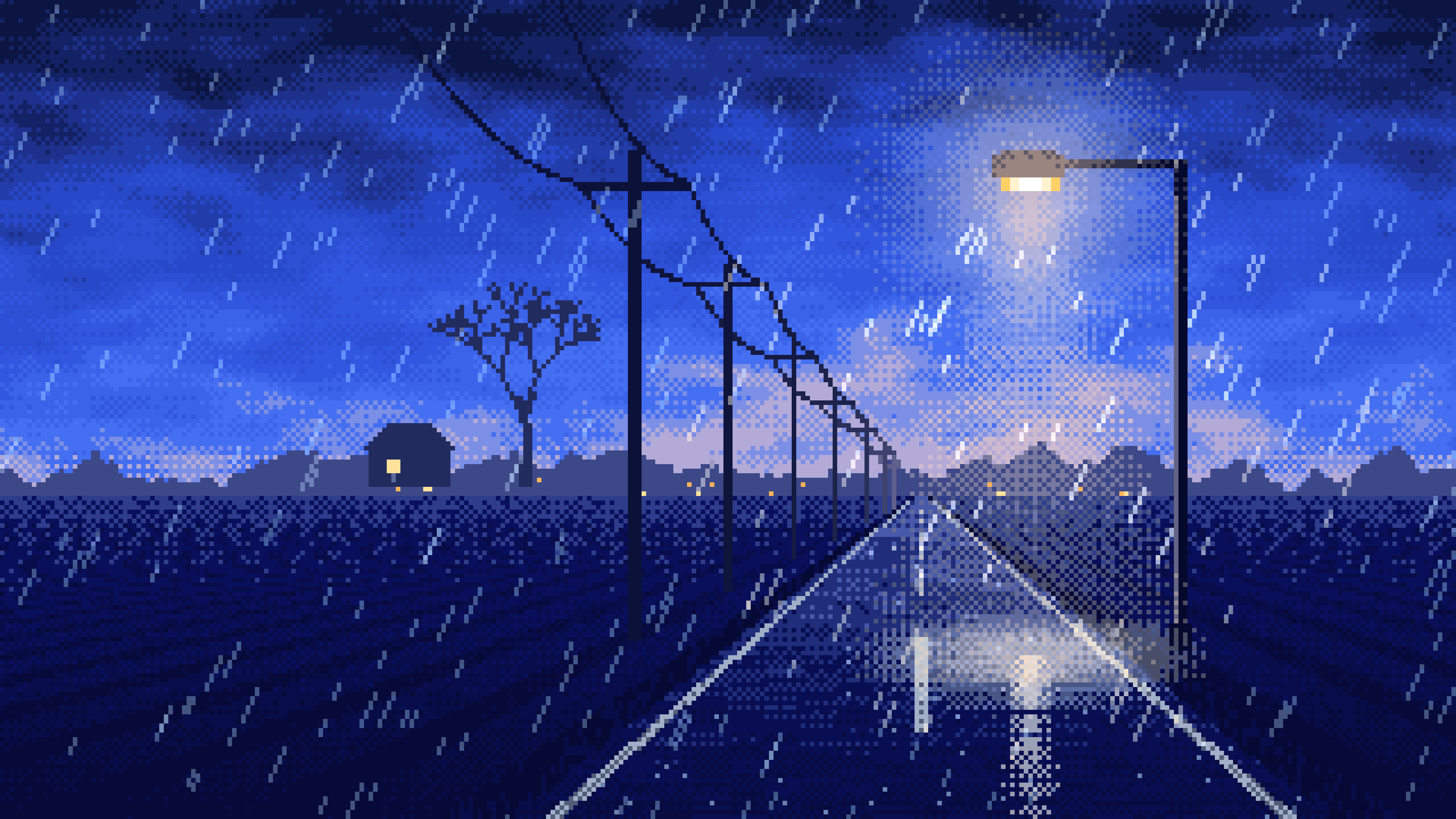 Royal Blue Pixel Art Empty Road in the Rain at Night desktop wallpaper in 4K