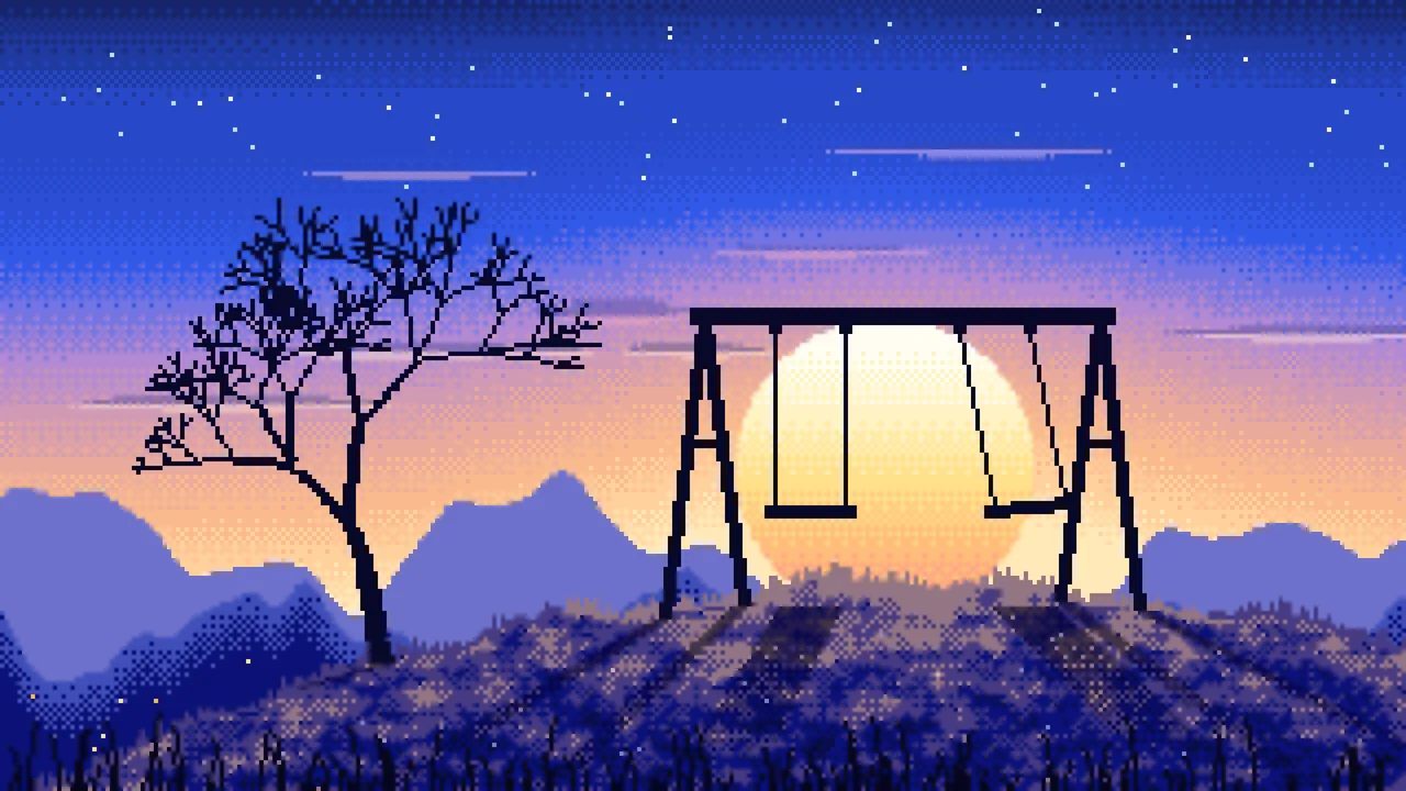 Royal Blue Pixel Art Empty Swing at Dusk desktop wallpaper in 4K