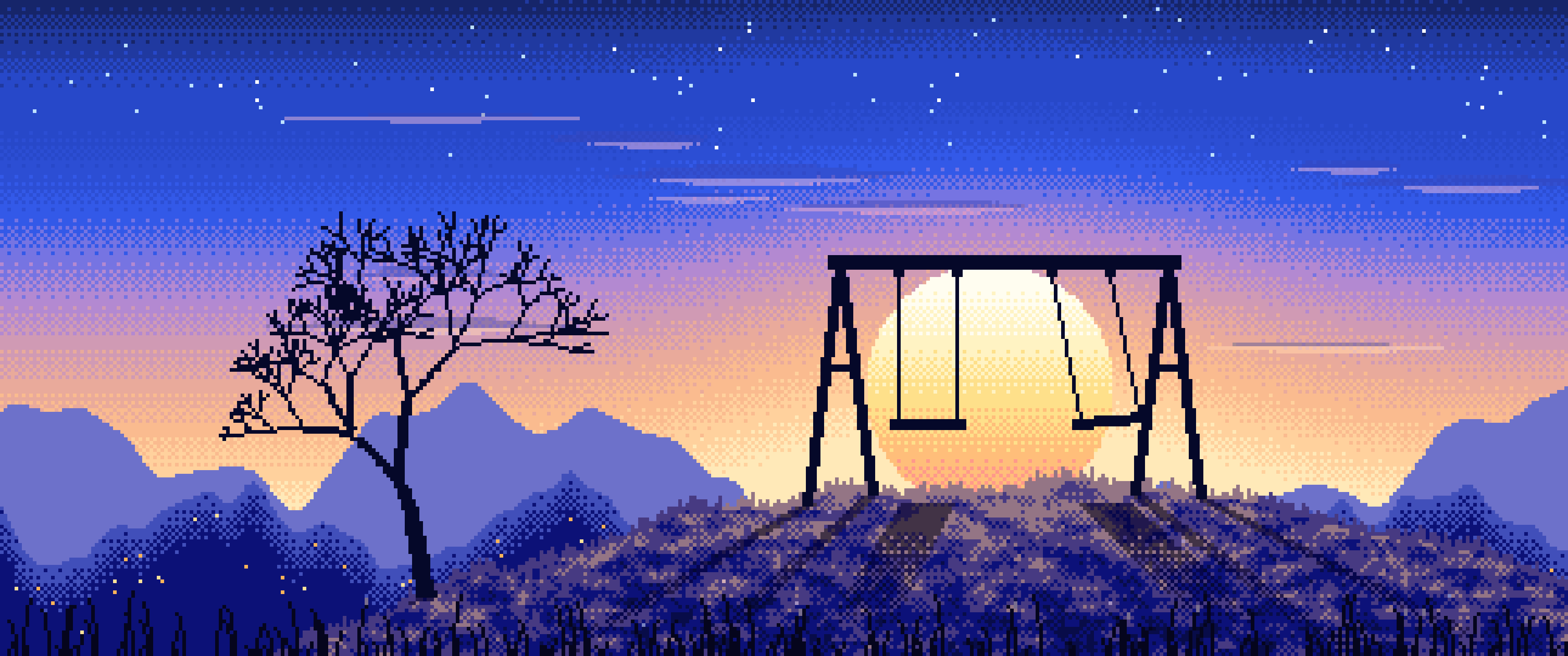 Royal Blue Pixel Art Empty Swing at Dusk ultrawide wallpaper, 3440 × 1440