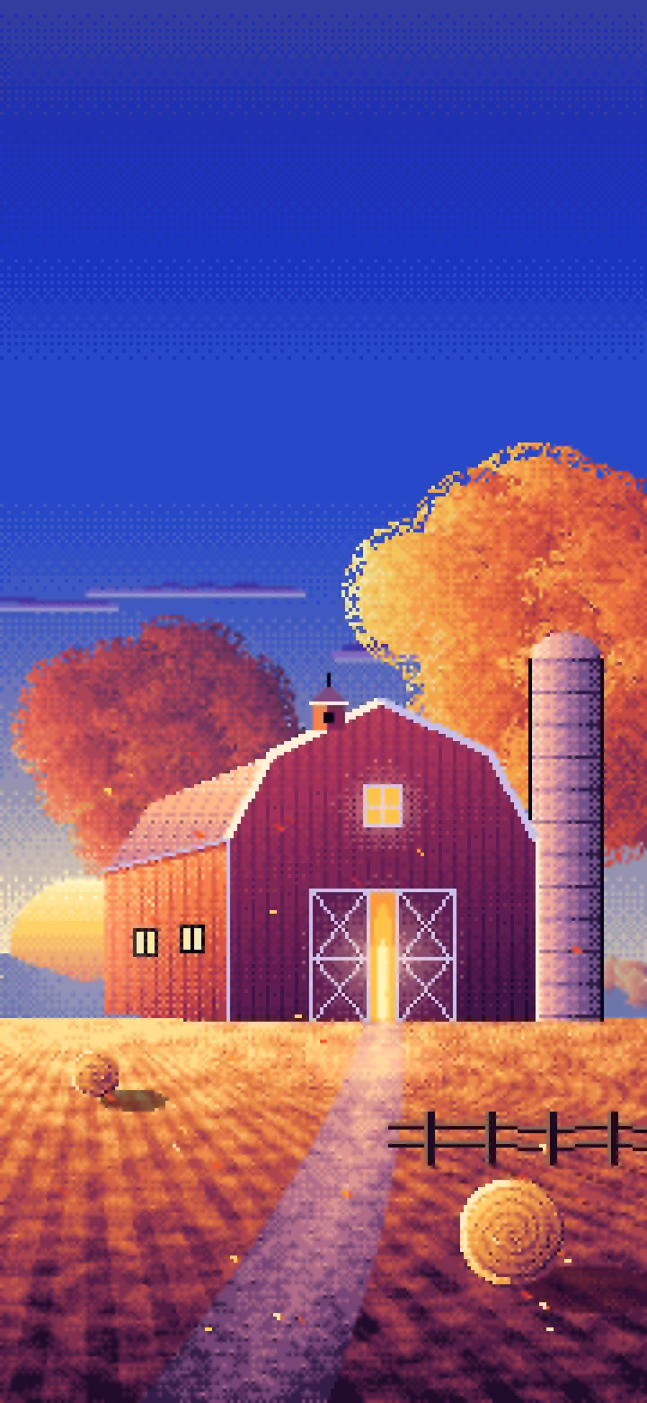 Royal Blue Pixel Art Fall Barn at Sunset wallpaper for iPhone and Android