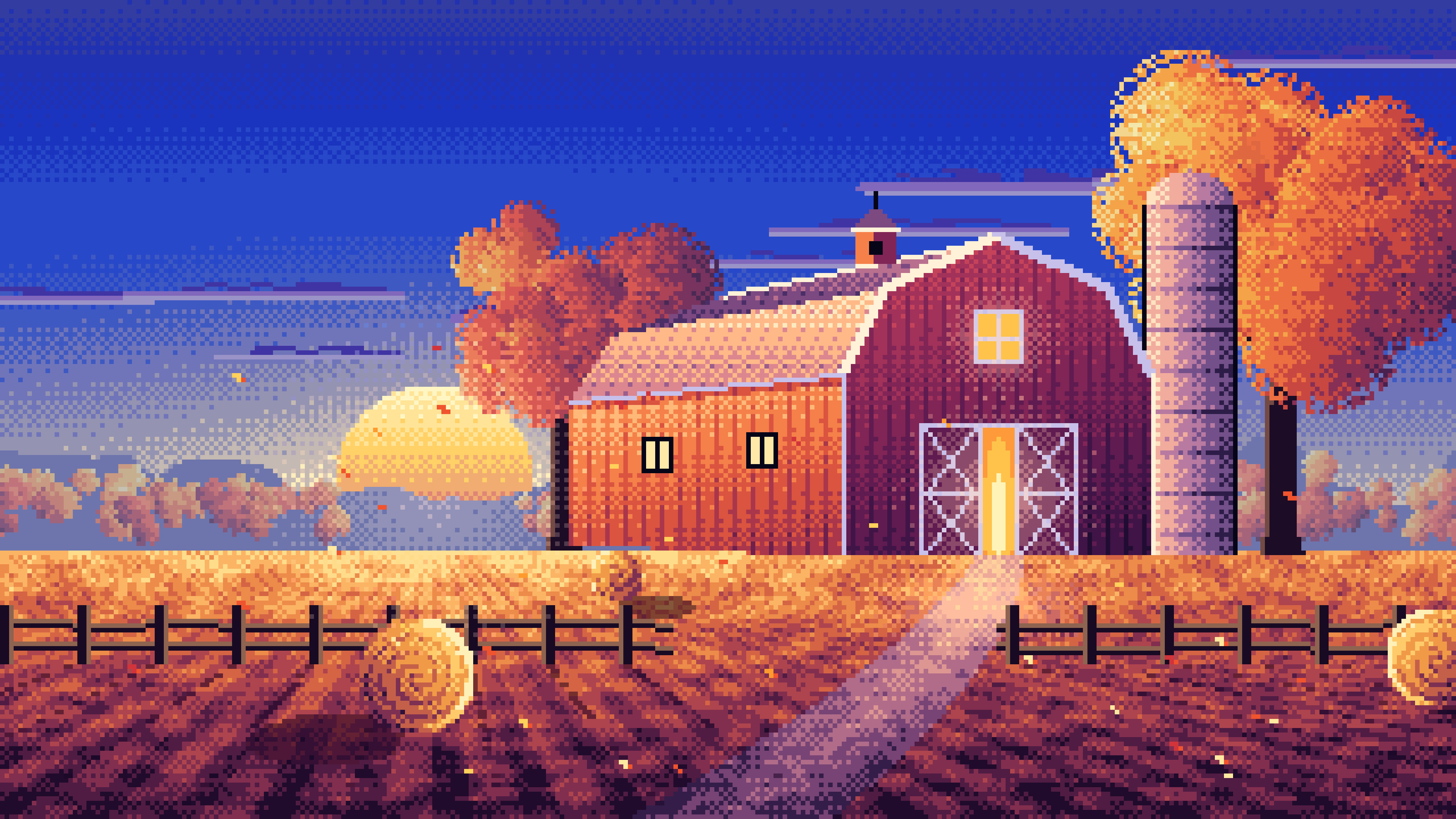Royal Blue Pixel Art Fall Barn at Sunset desktop wallpaper in 4K