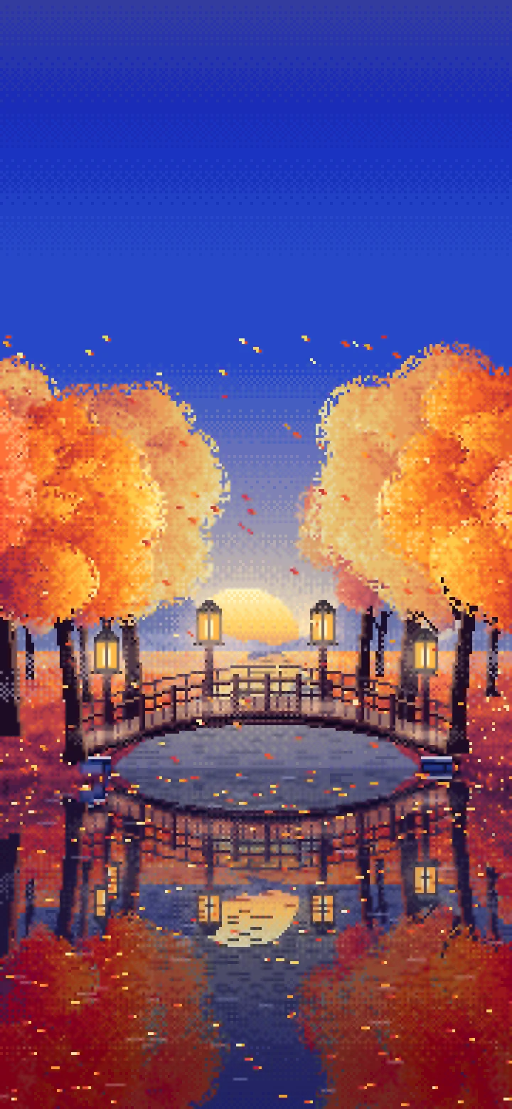 Royal Blue Pixel Art Fall Forest Bridge at Dusk wallpaper for iPhone and Android