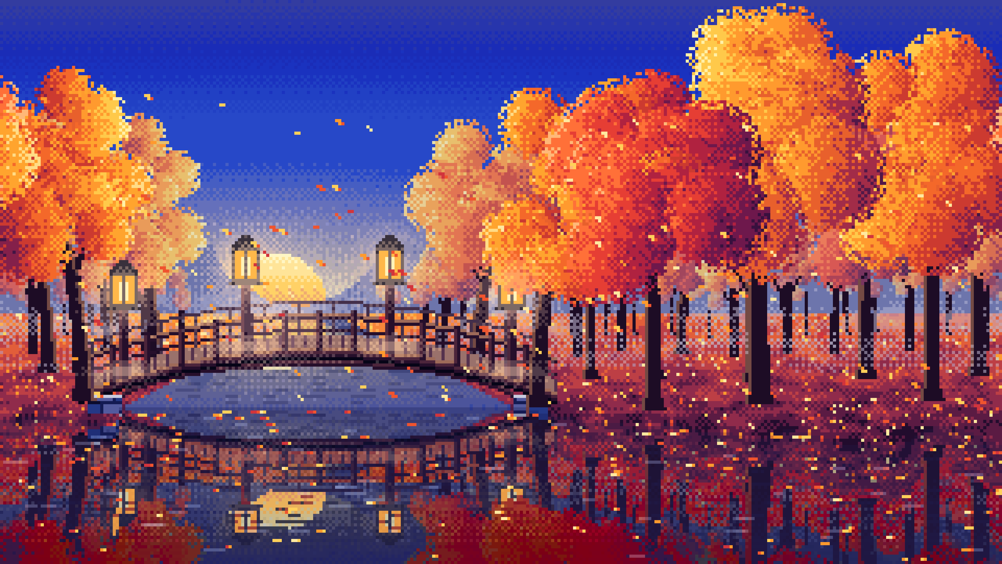 Royal Blue Pixel Art Fall Forest Bridge at Dusk desktop wallpaper in 4K