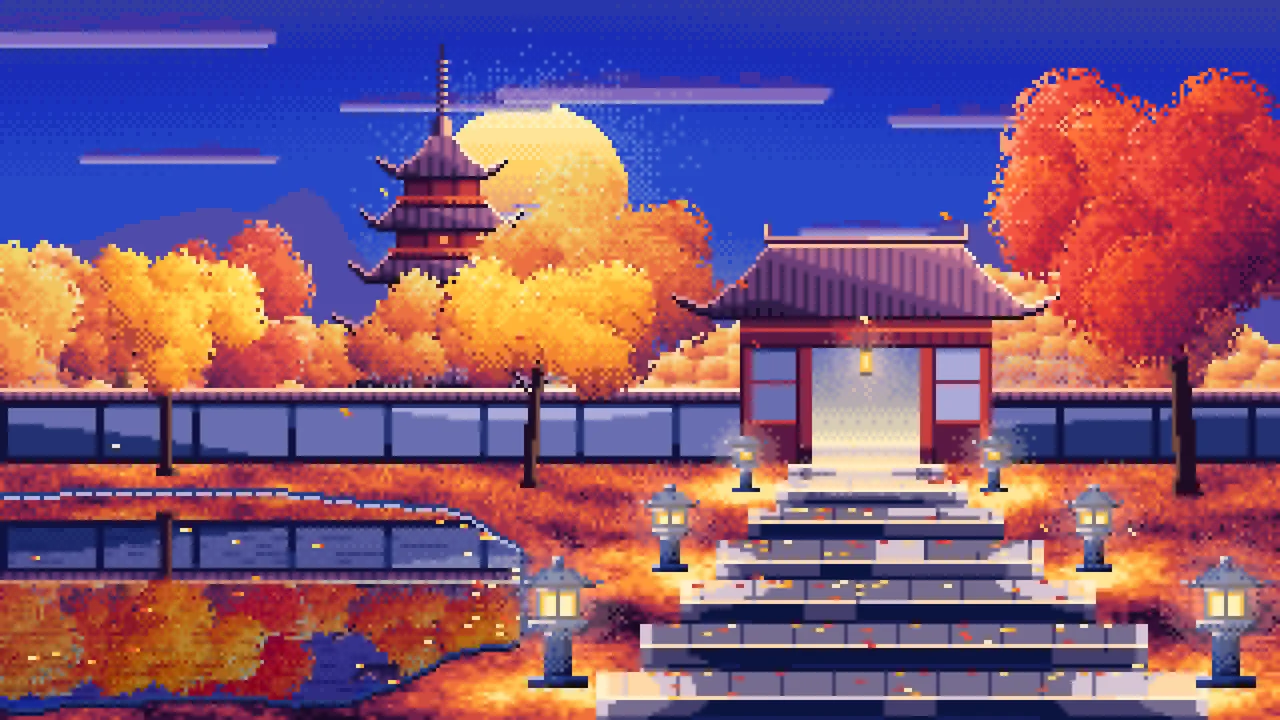 Royal Blue Pixel Art Fall Japanese Temple desktop wallpaper in 4K