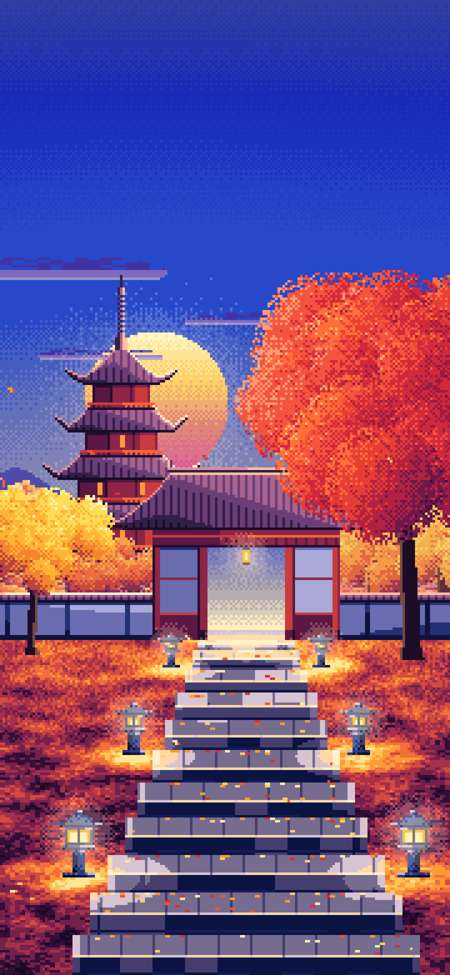 Royal Blue Pixel Art Fall Japanese Temple wallpaper for iPhone and Android