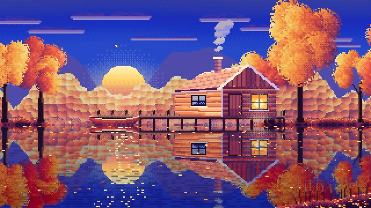 Royal Blue Pixel Art Fall Lake Cabin at Sunset desktop wallpaper in 4K