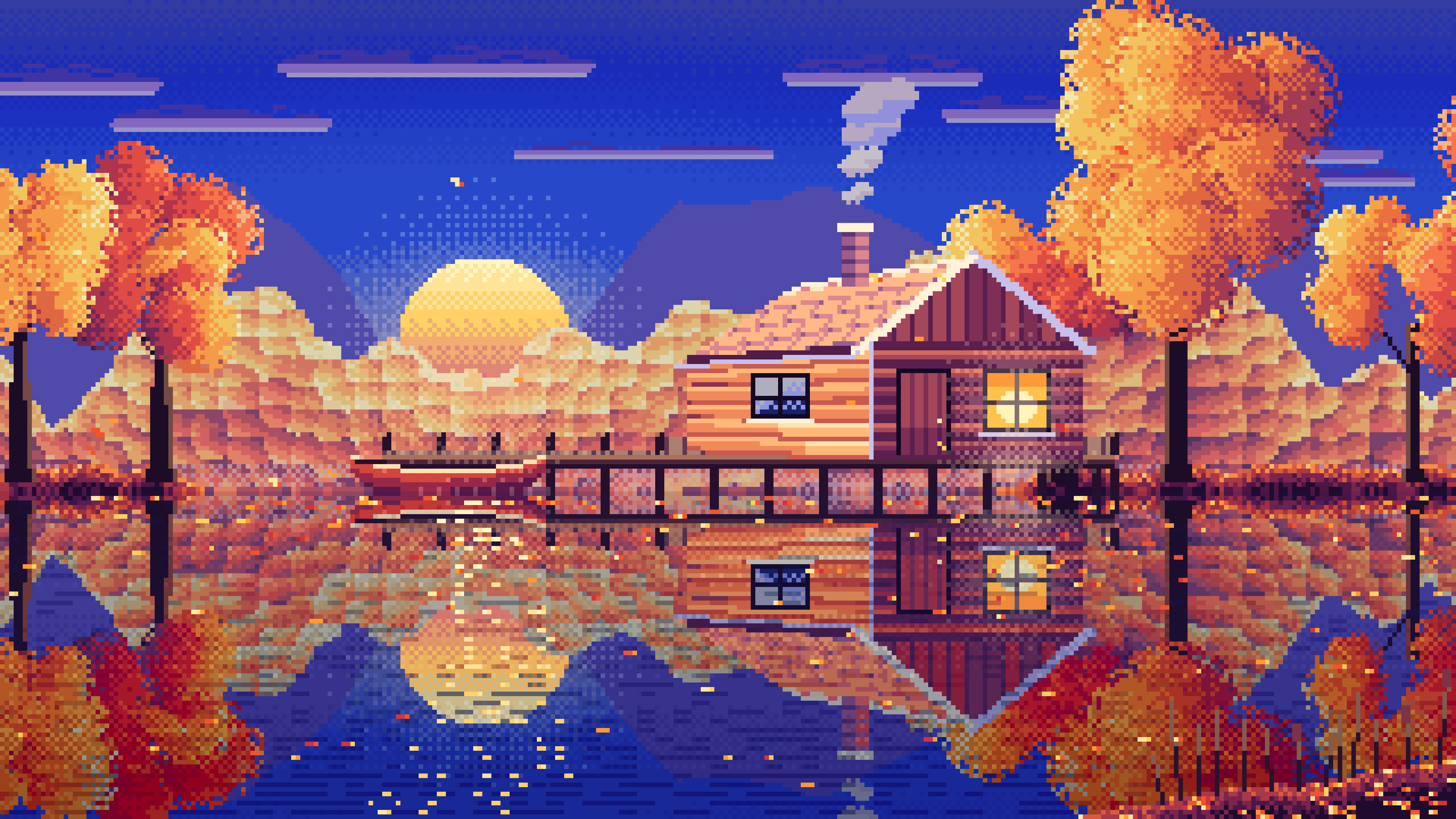 Royal Blue Pixel Art Fall Lake Cabin at Sunset desktop wallpaper in 4K