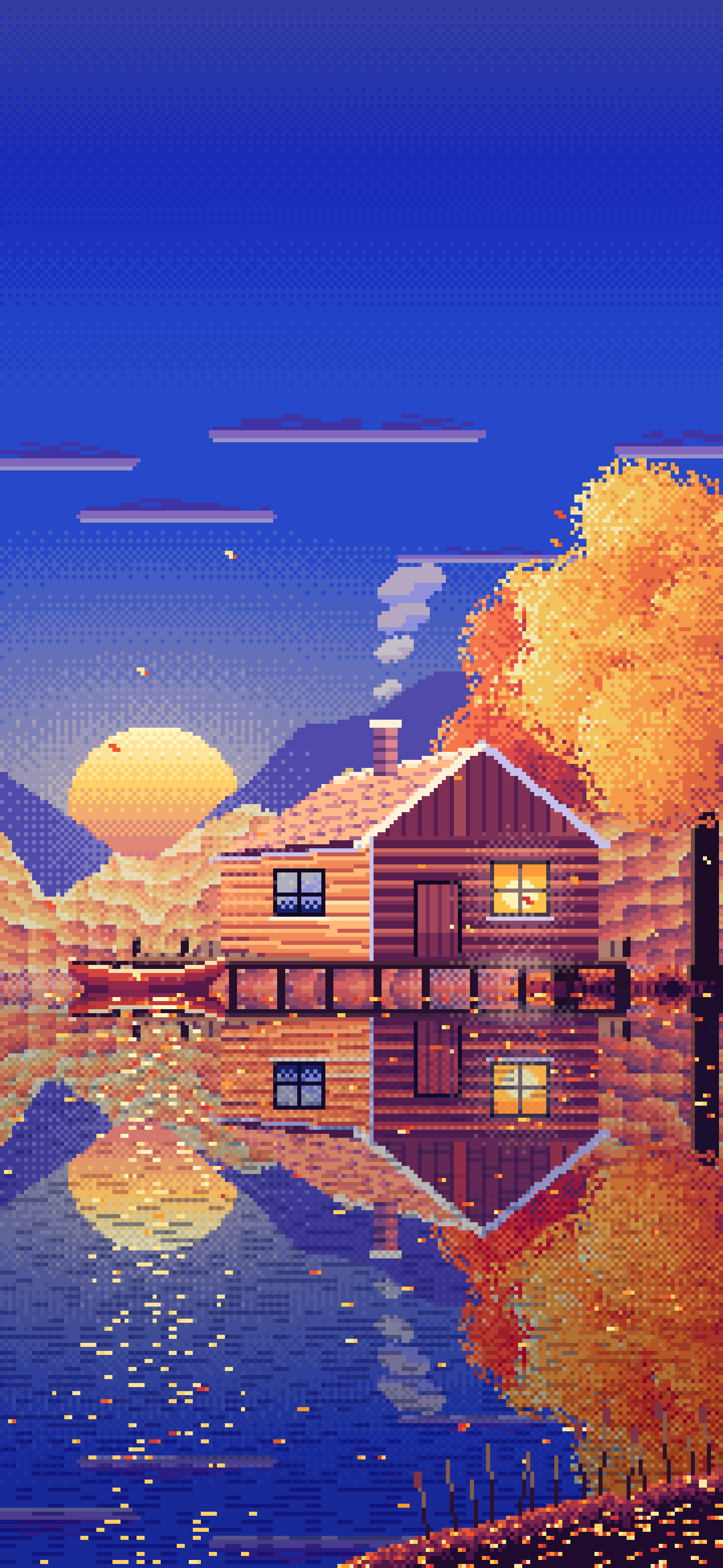 Royal Blue Pixel Art Fall Lake Cabin at Sunset wallpaper for iPhone and Android