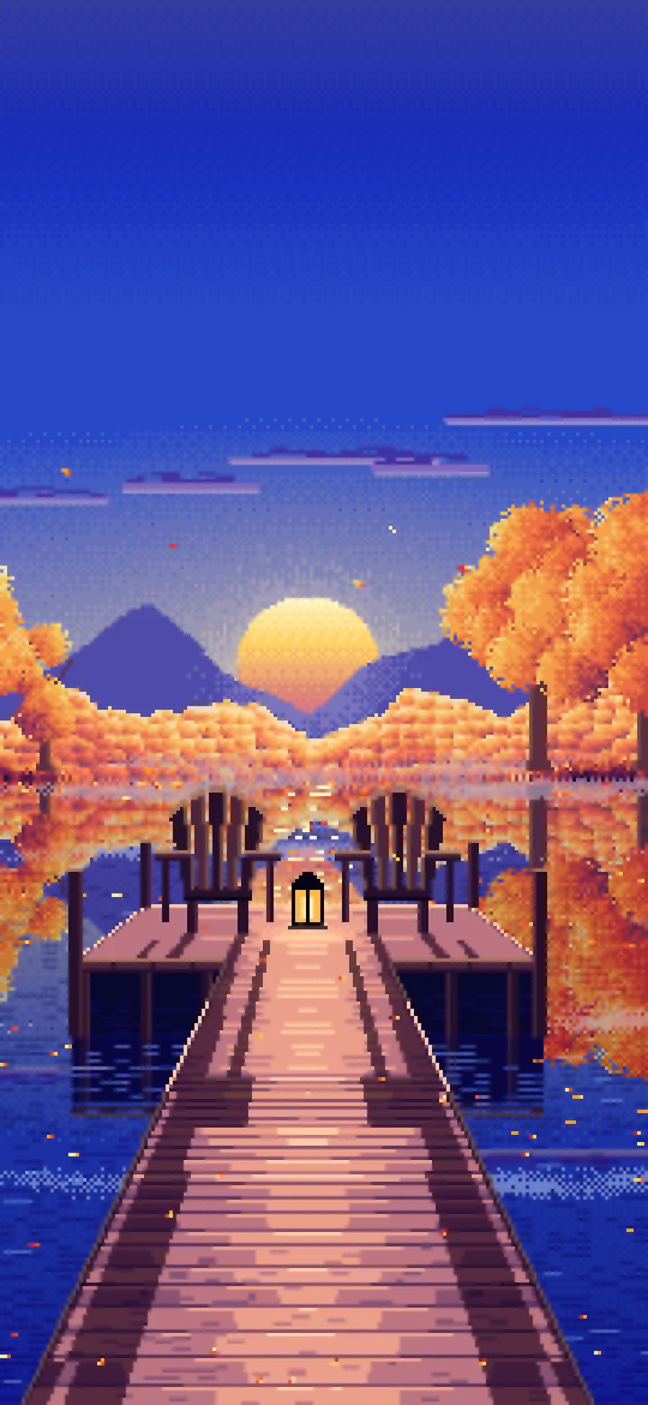 Royal Blue Pixel Art Fall Lake Pier at Sunrise wallpaper for iPhone and Android