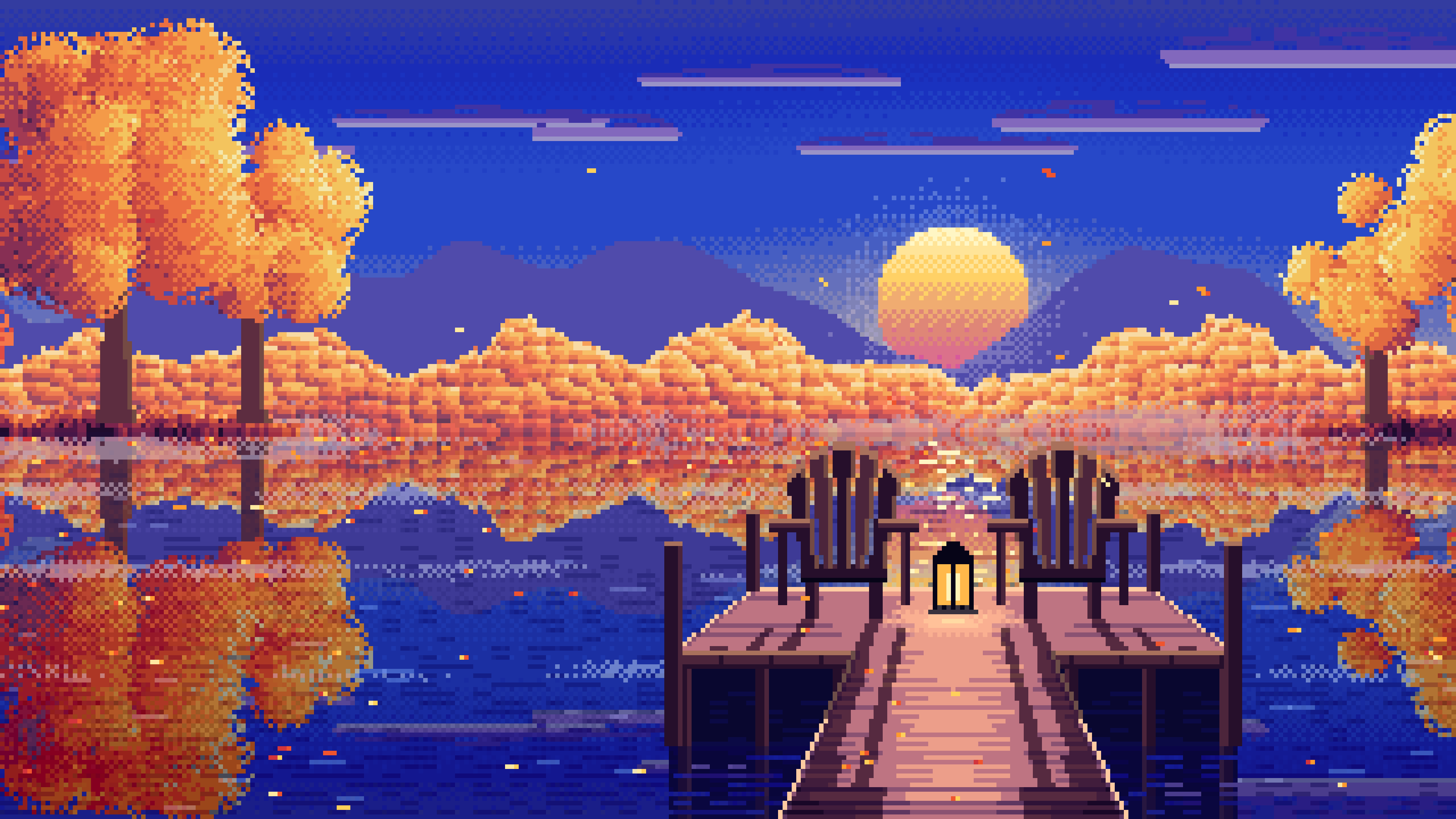 Royal Blue Pixel Art Fall Lake Pier at Sunrise desktop wallpaper in 4K
