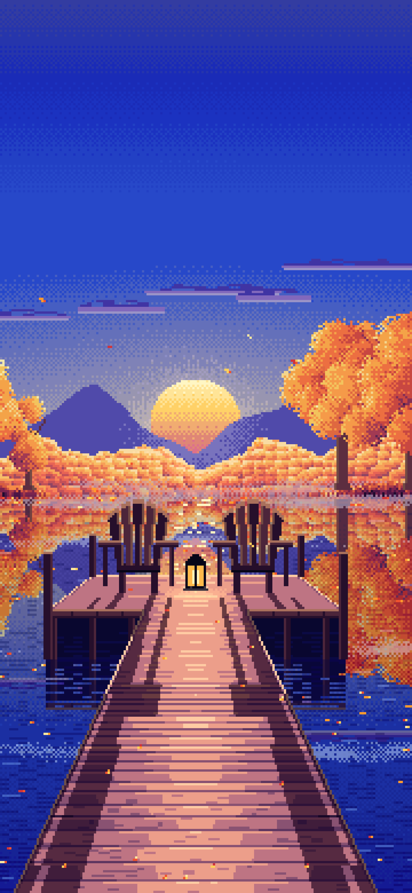 Royal Blue Pixel Art Fall Lake Pier at Sunrise wallpaper for iPhone and Android