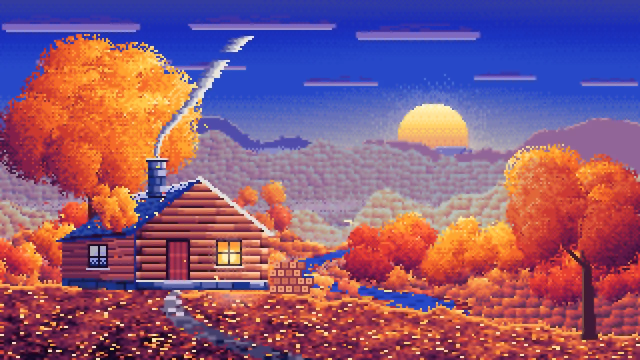 Royal Blue Pixel Art Fall Log Cabin above a Valley desktop wallpaper in 4K