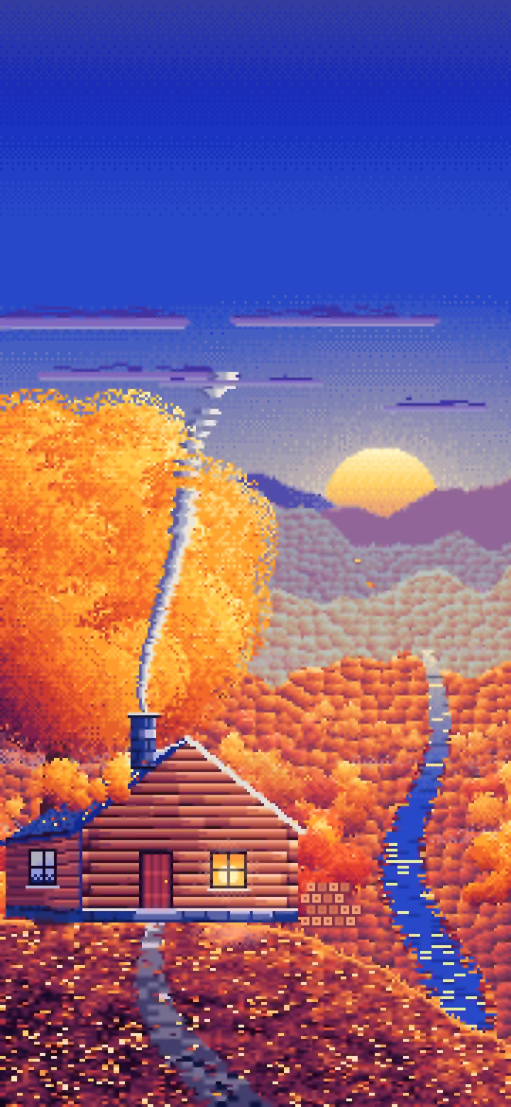 Royal Blue Pixel Art Fall Log Cabin above a Valley wallpaper for iPhone and Android