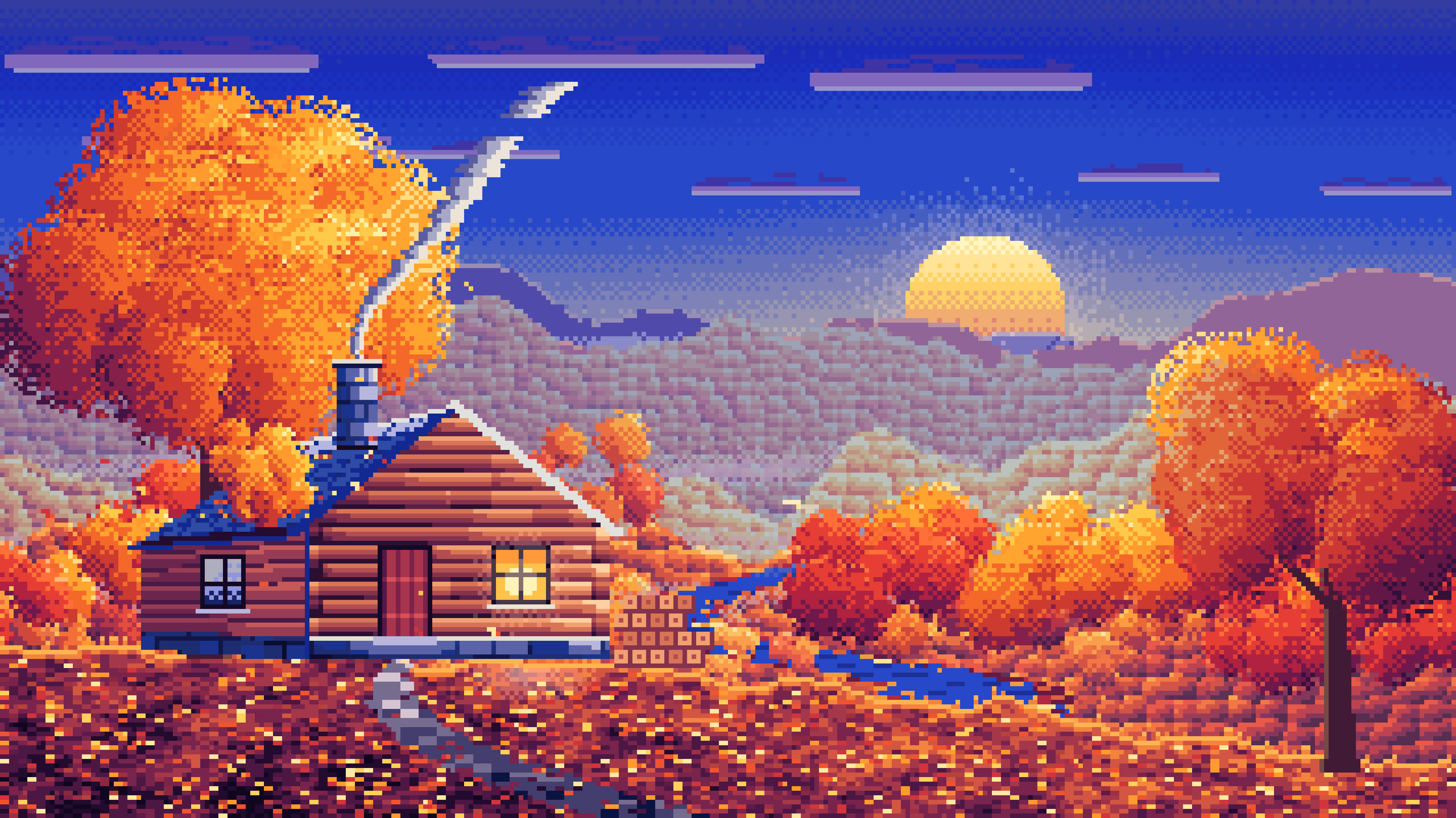 Royal Blue Pixel Art Fall Log Cabin above a Valley desktop wallpaper in 4K